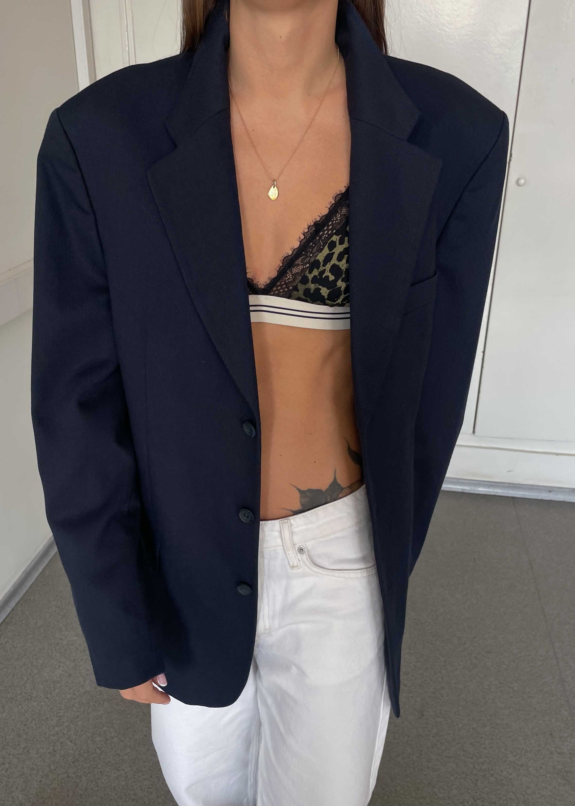 Vintage Dark Blue Patterned Oversized Blazer