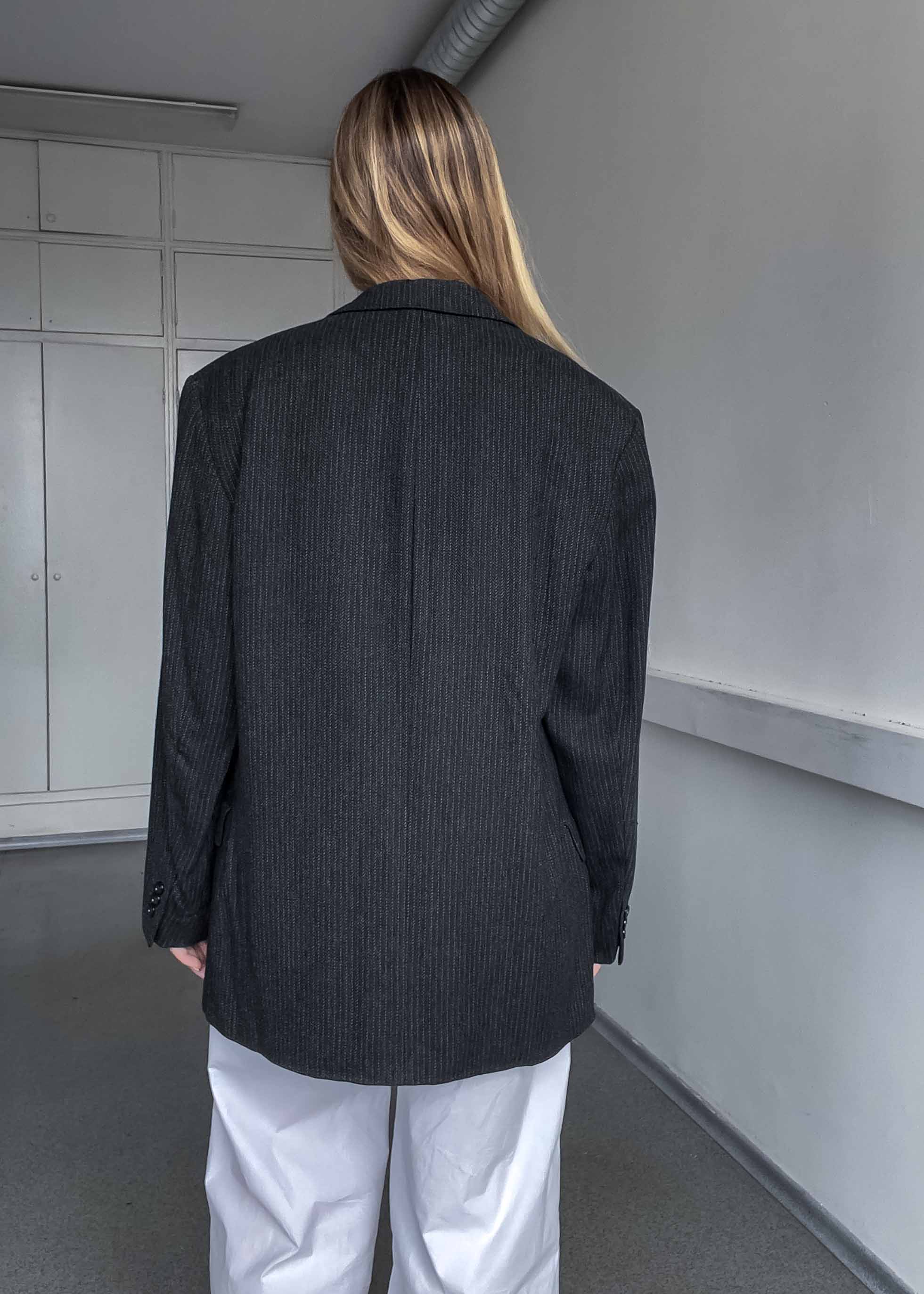 Vintage Dark Grey Striped Oversized Blazer