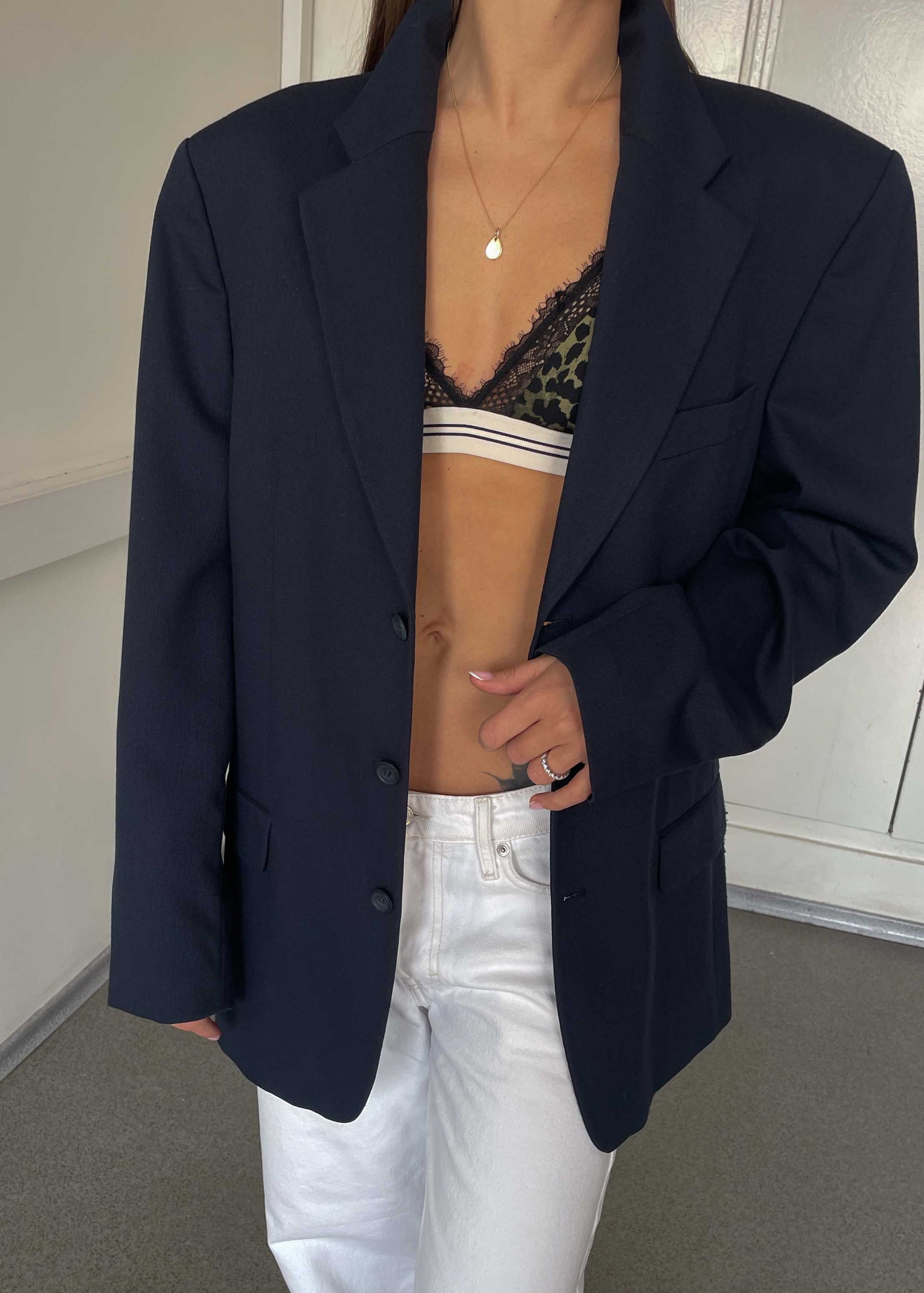 Vintage Dark Blue Patterned Oversized Blazer