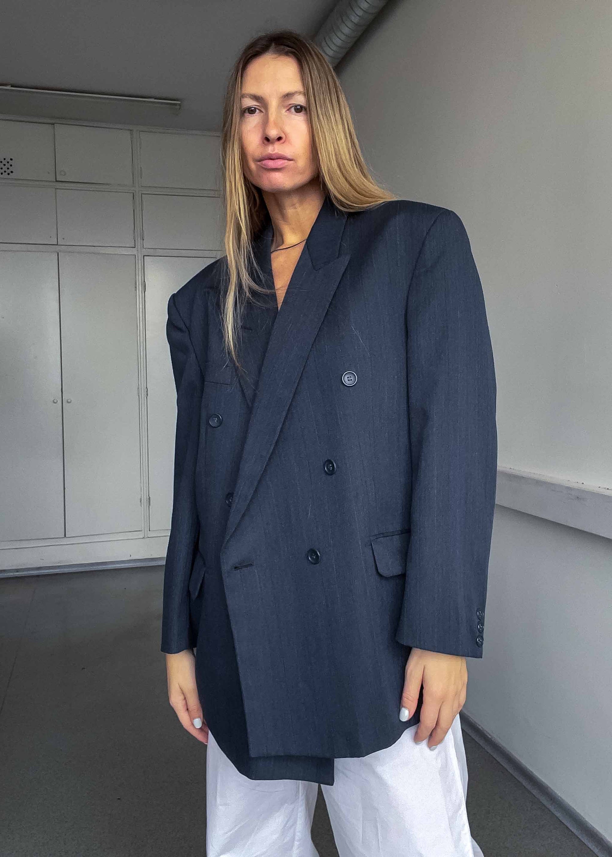 Vintage Oversized Double Breasted Blazer in Grey & Blue Tones