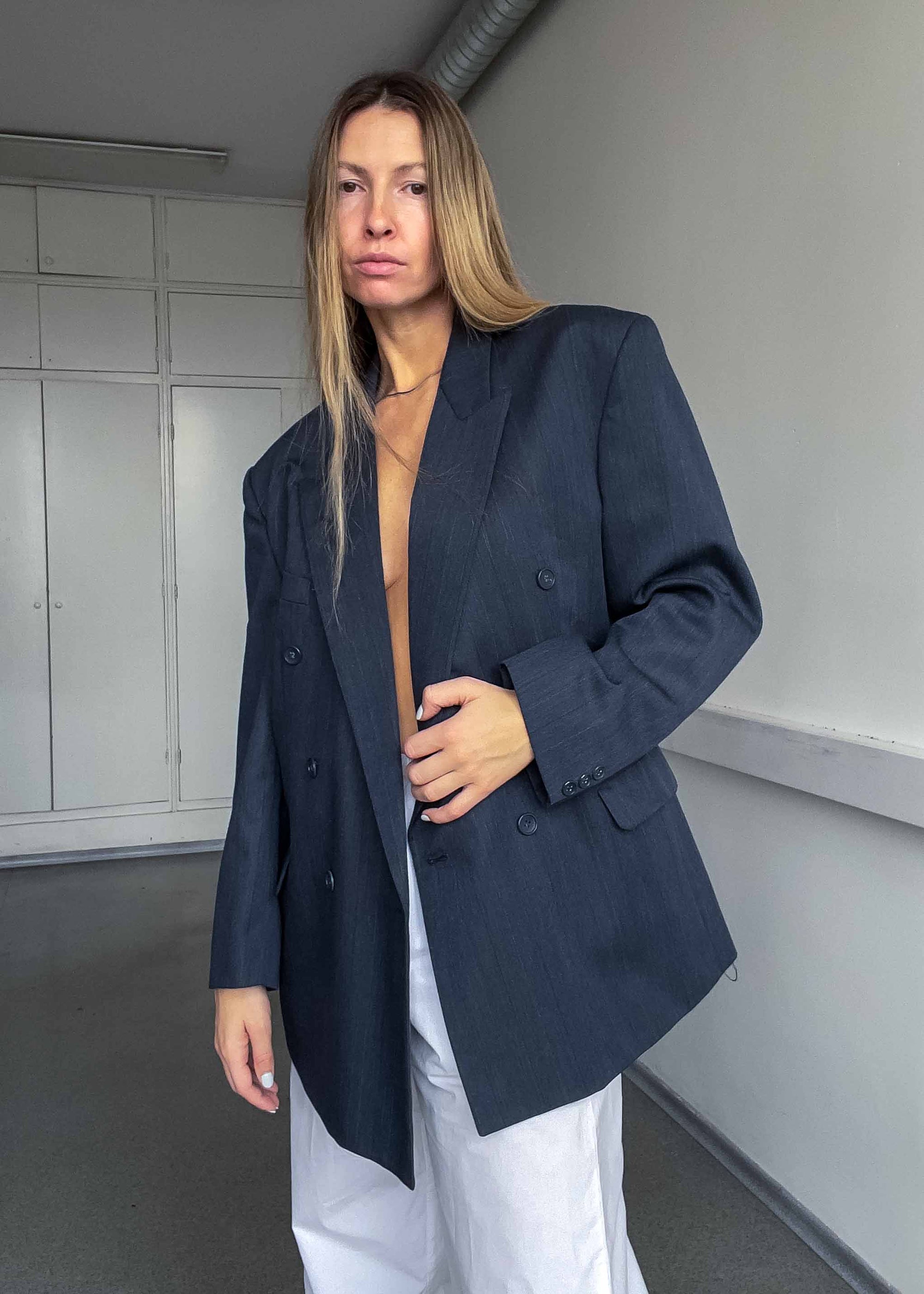 Vintage Oversized Double Breasted Blazer in Grey & Blue Tones