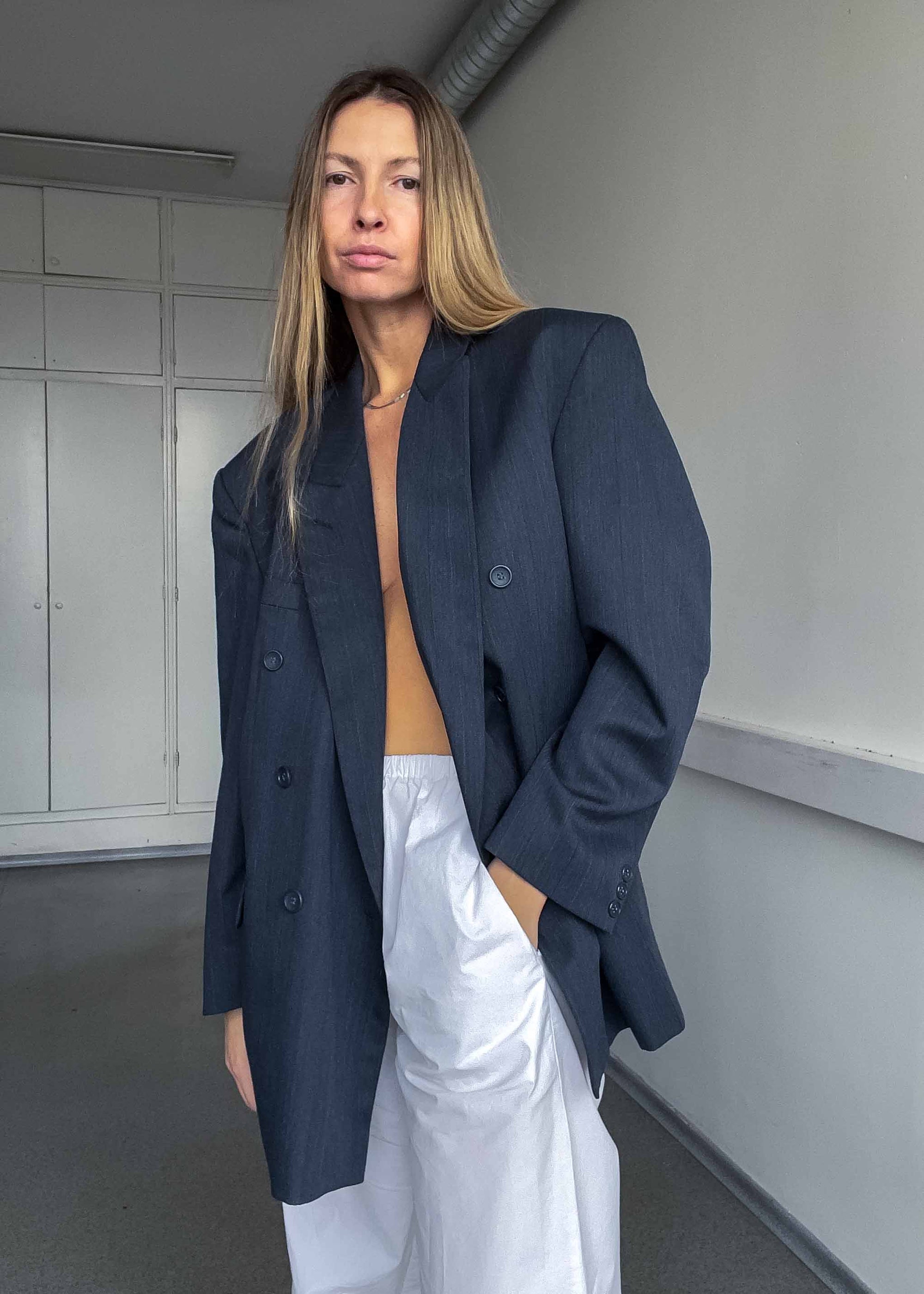 Vintage Oversized Double Breasted Blazer in Grey & Blue Tones