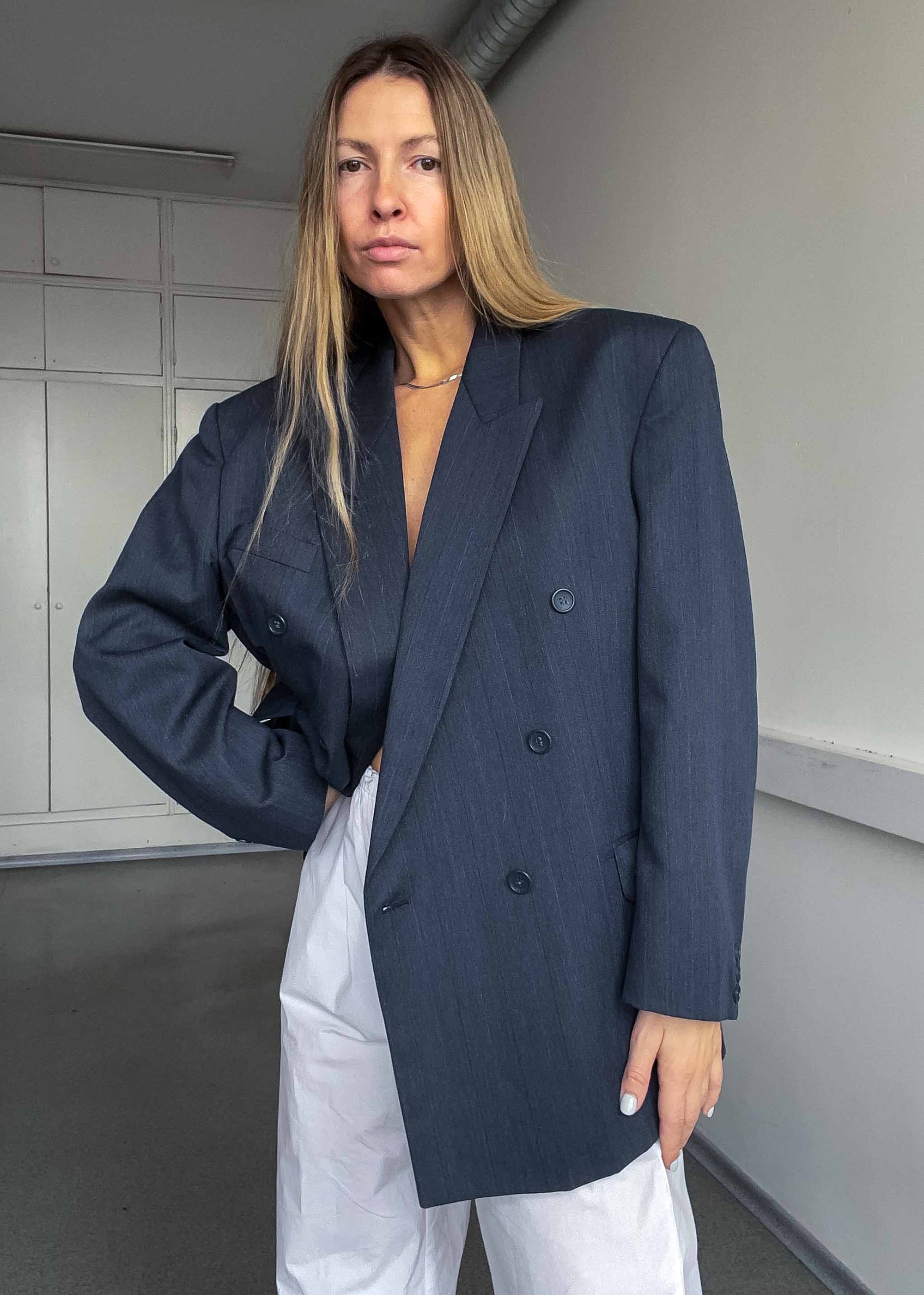 Vintage Oversized Double Breasted Blazer in Grey & Blue Tones