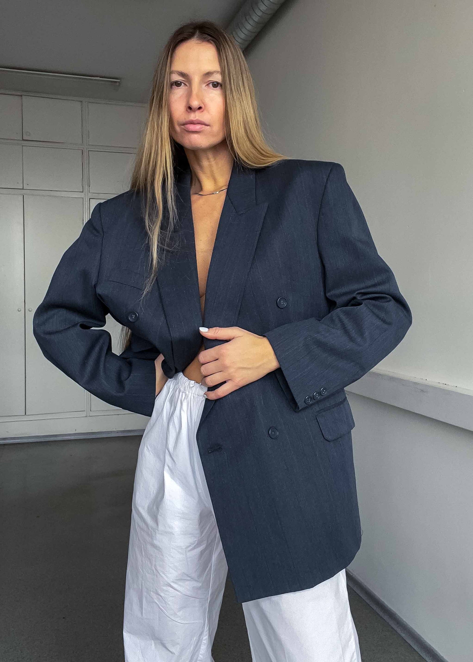 Vintage Oversized Double Breasted Blazer in Grey & Blue Tones