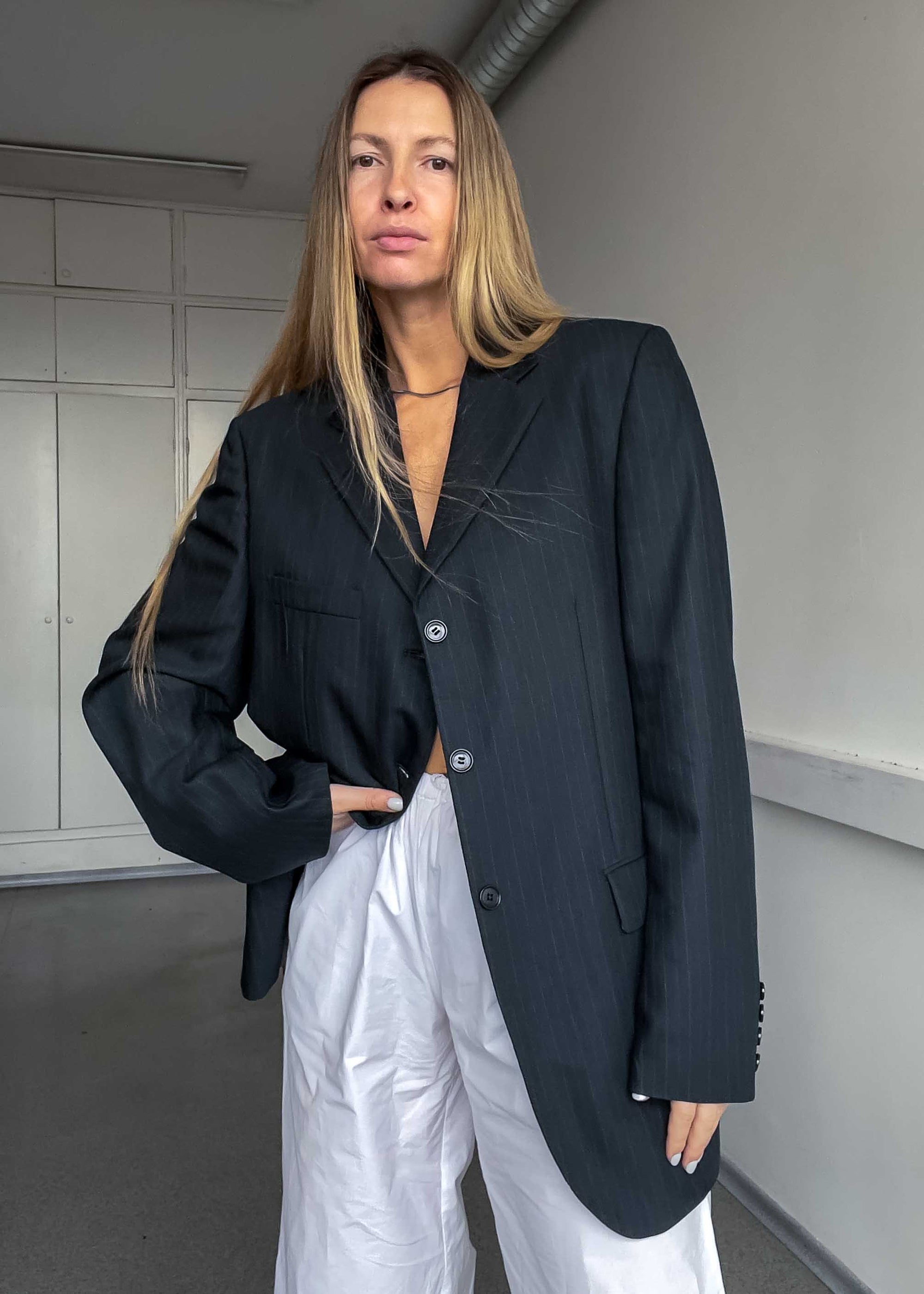 Vintage Black Striped Oversized Blazer