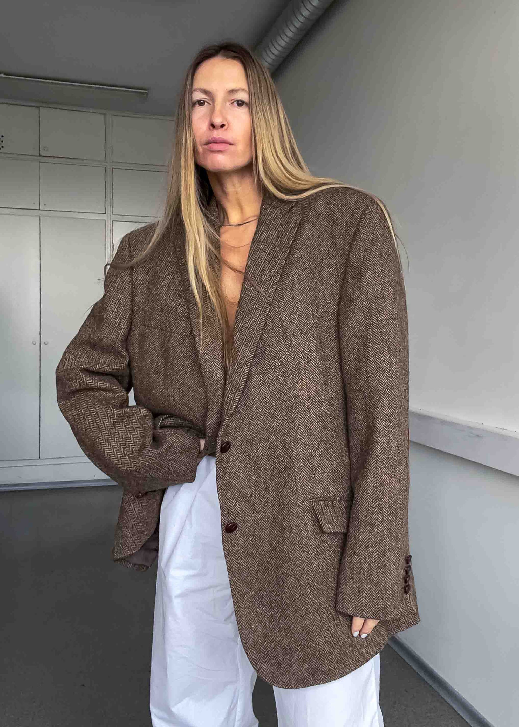 Vintage Brown Patterned Oversized 100% WOOL Blazer