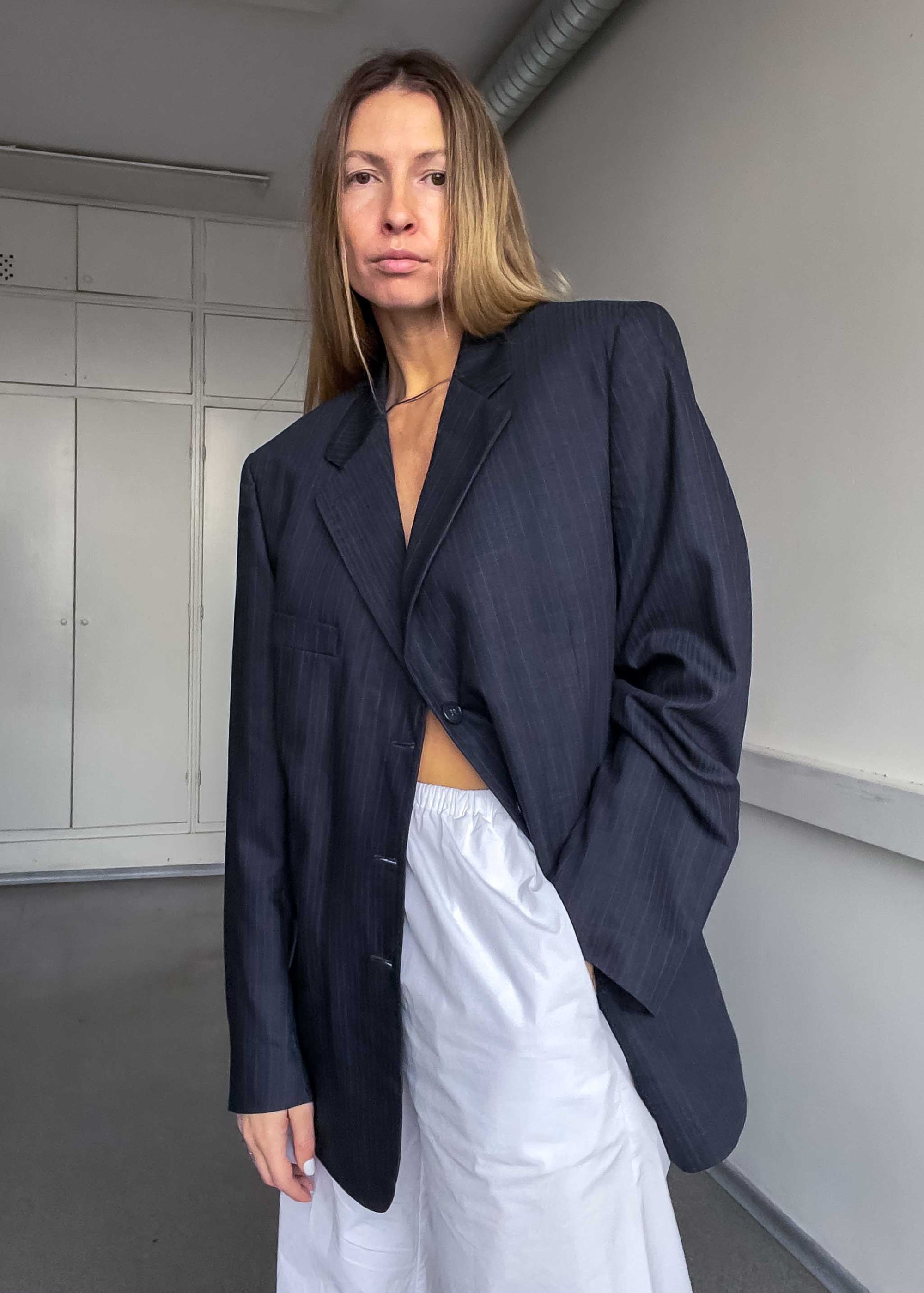 Vintage Grey Striped Oversized Blazer