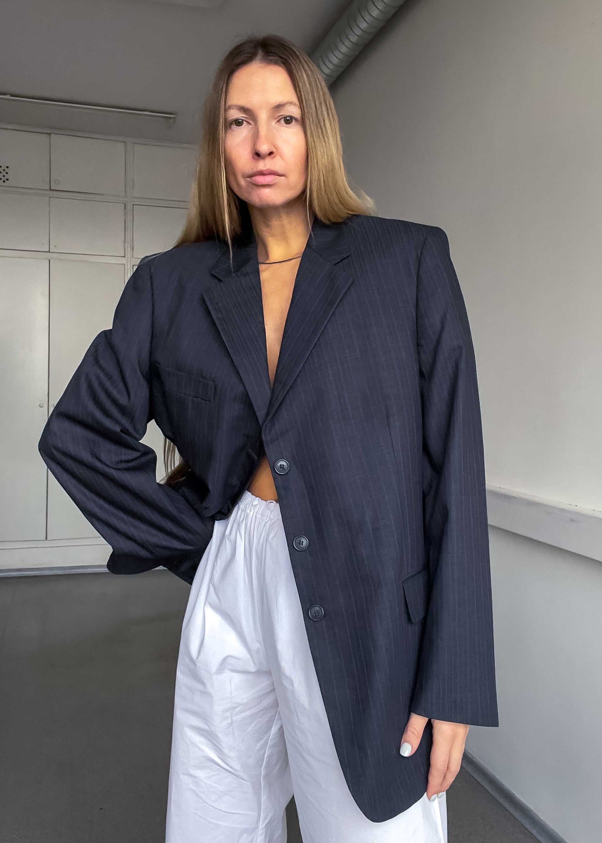 Vintage Grey Striped Oversized Blazer