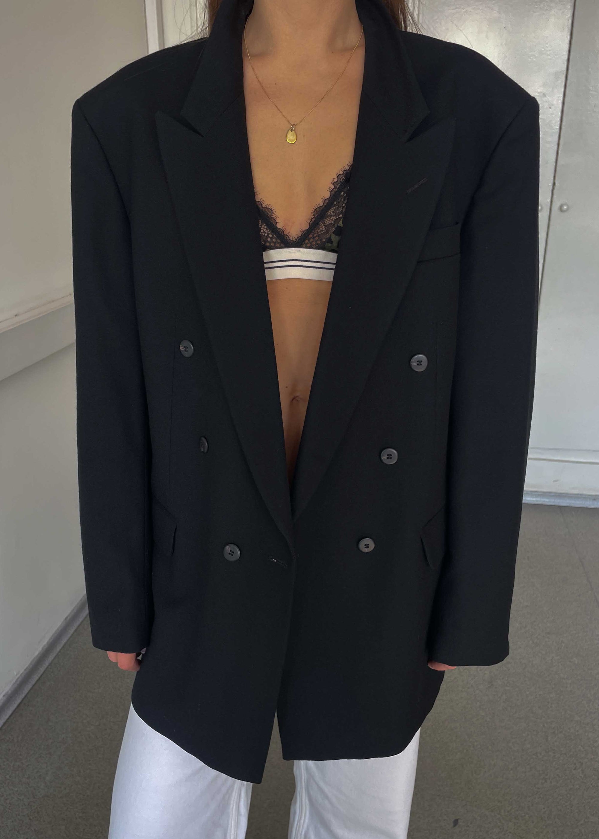 Vintage Black Brushed Wool Oversized Double Breasted Blazer