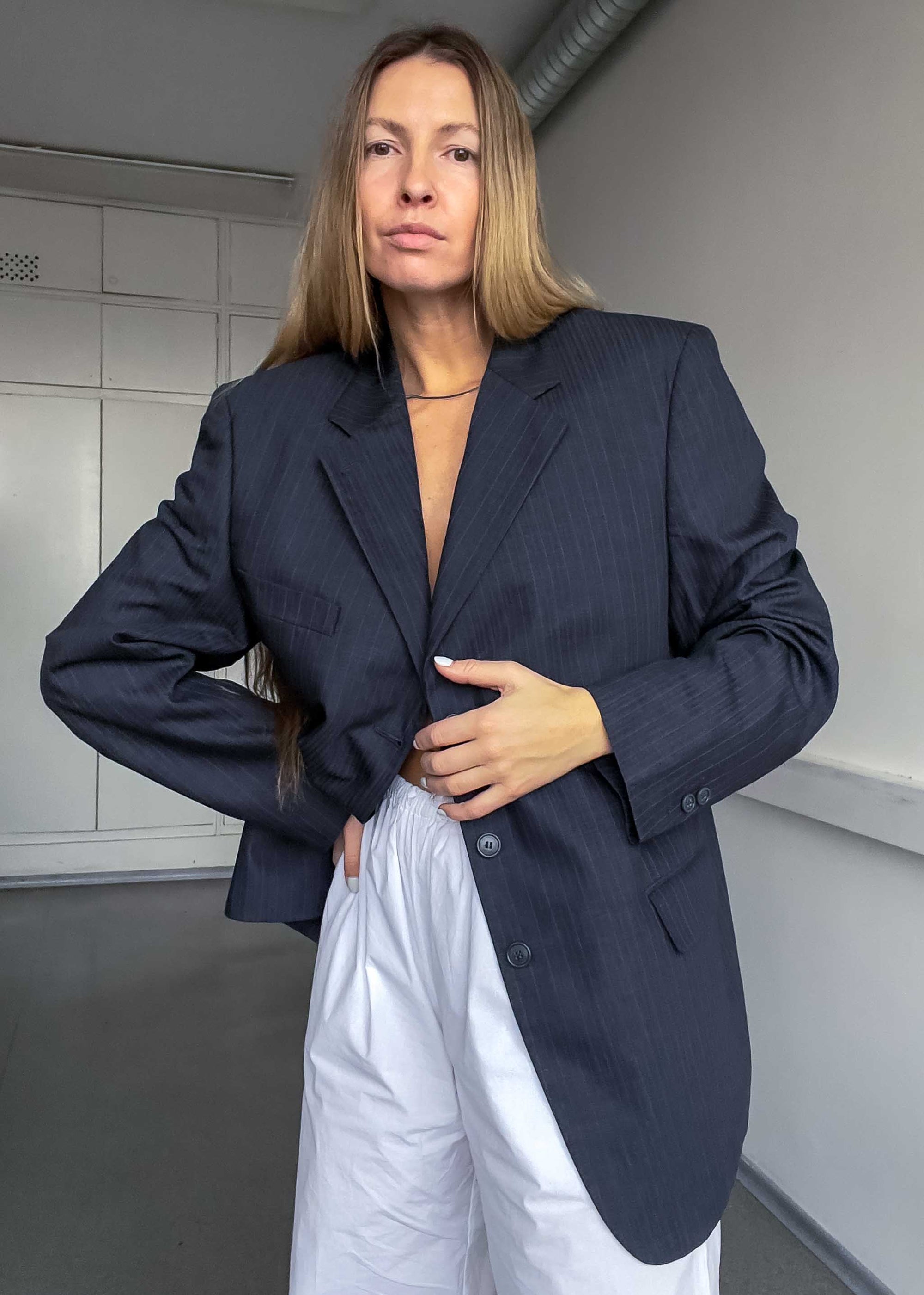 Vintage Grey Striped Oversized Blazer