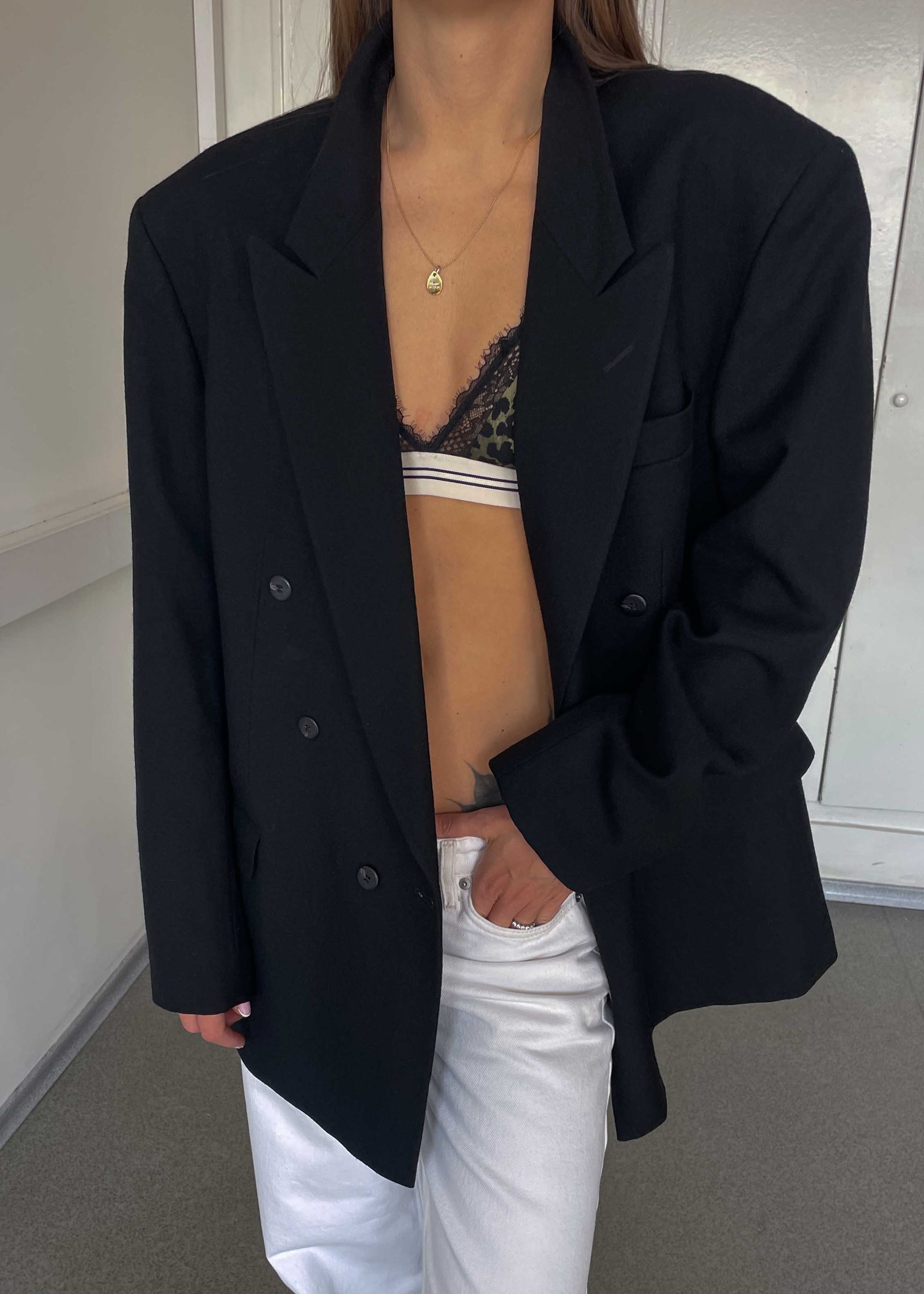 Vintage Black Brushed Wool Oversized Double Breasted Blazer