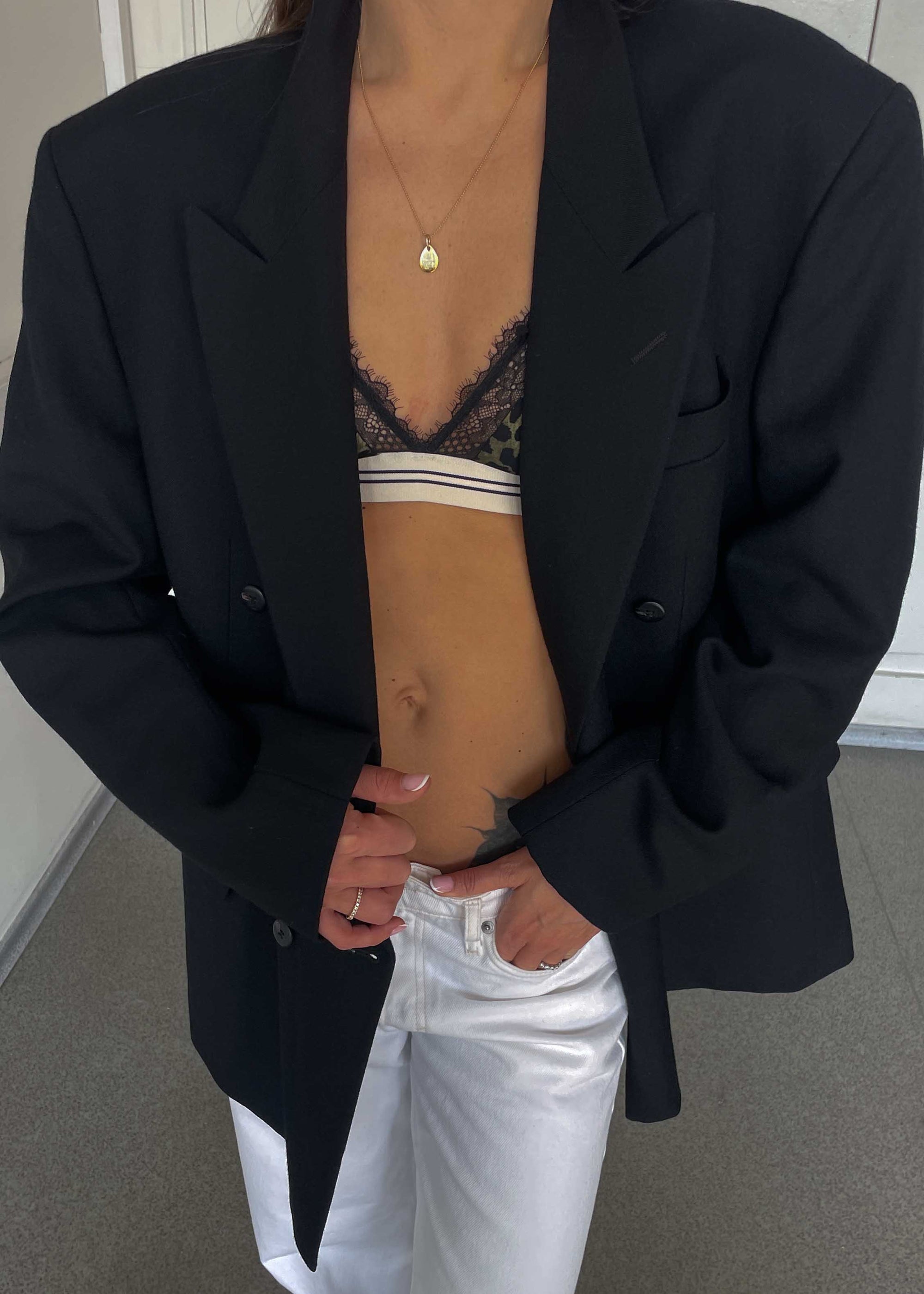 Vintage Black Brushed Wool Oversized Double Breasted Blazer