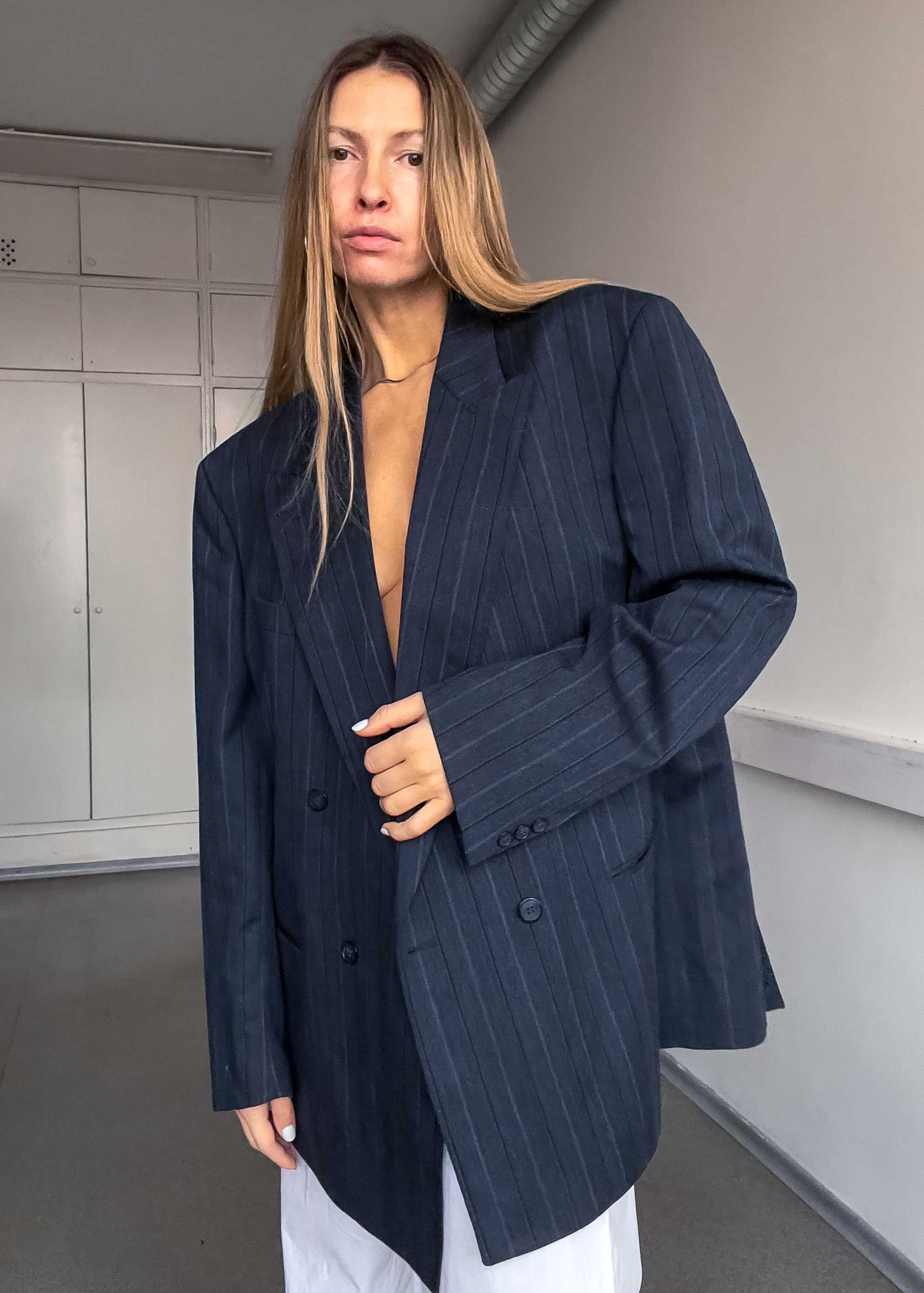 Vintage Oversized 100% WOOL Double Breasted Blazer in Grey & Blue Tones