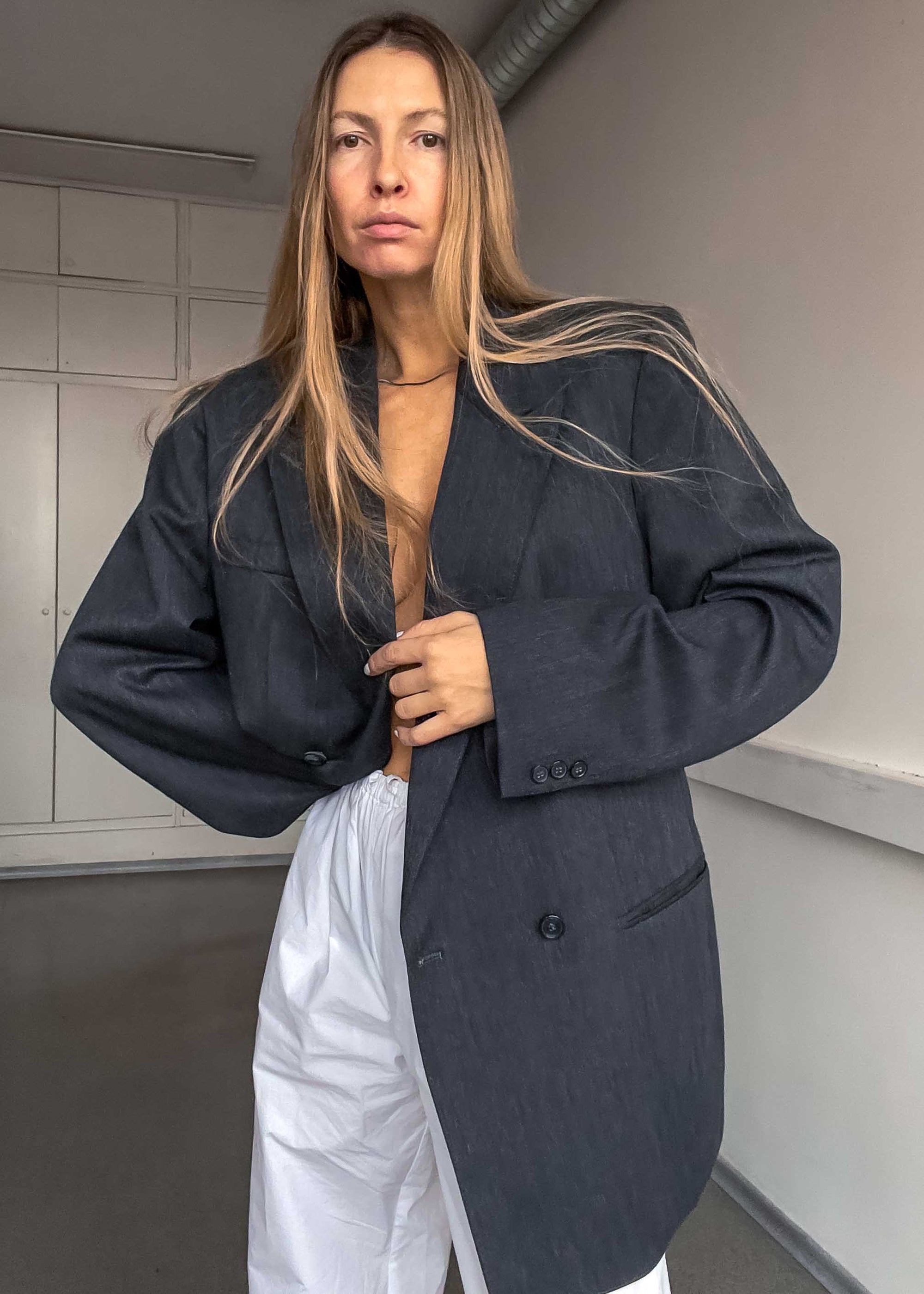 Vintage Grey Oversized Double Breasted Blazer