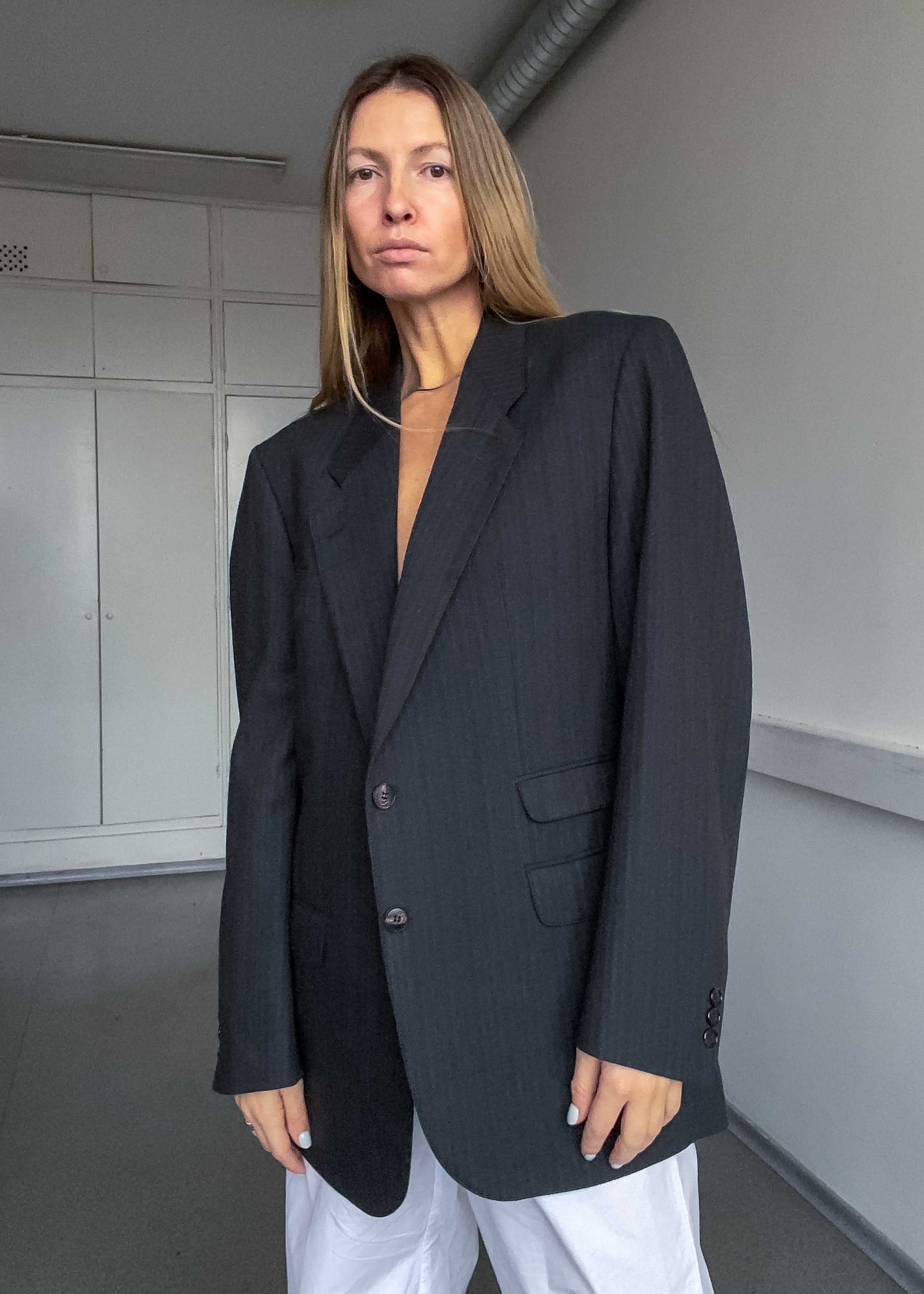 Vintage Blue with Brown Stripes Oversized 100% WOOL Blazer