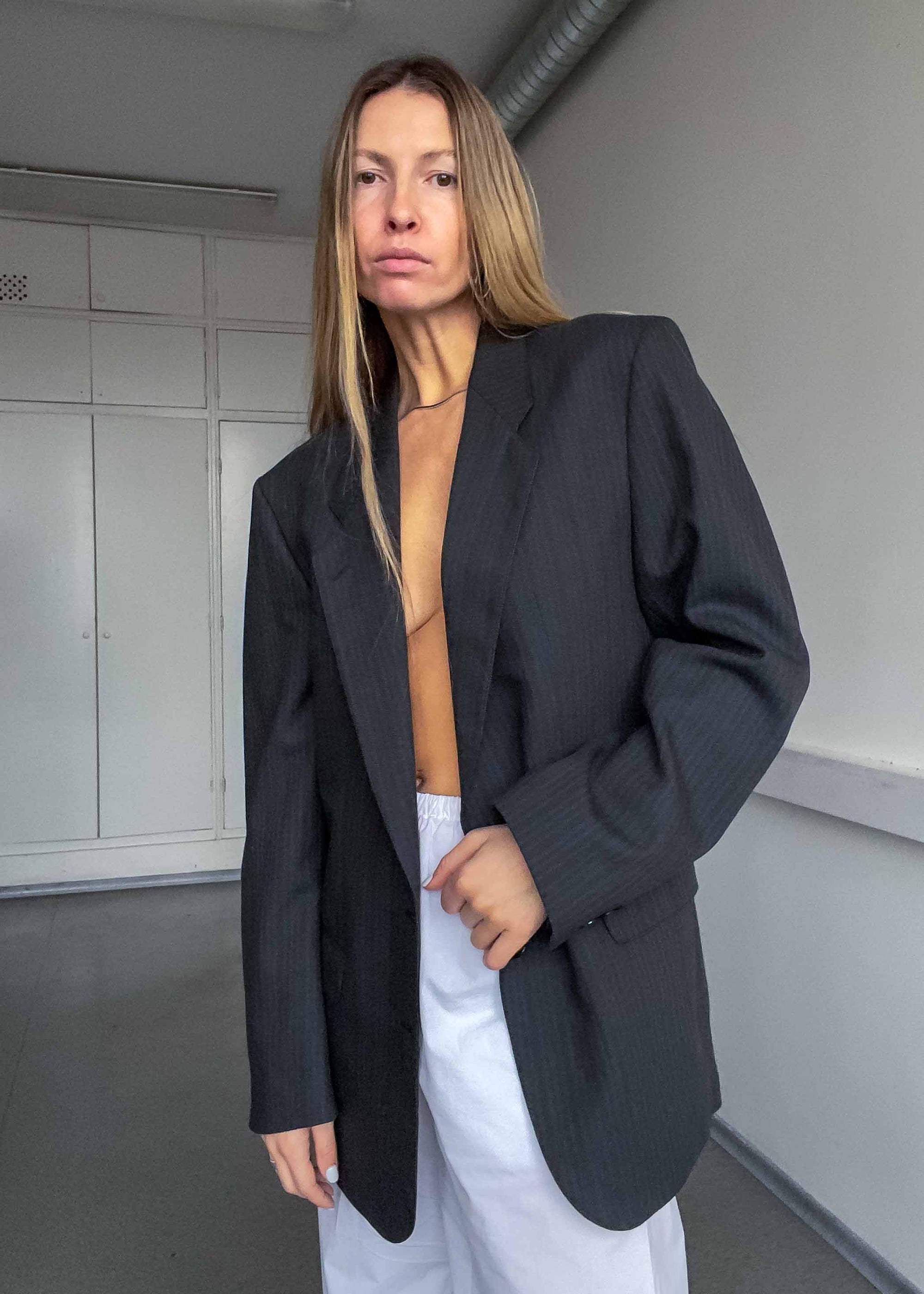 Vintage Blue with Brown Stripes Oversized 100% WOOL Blazer