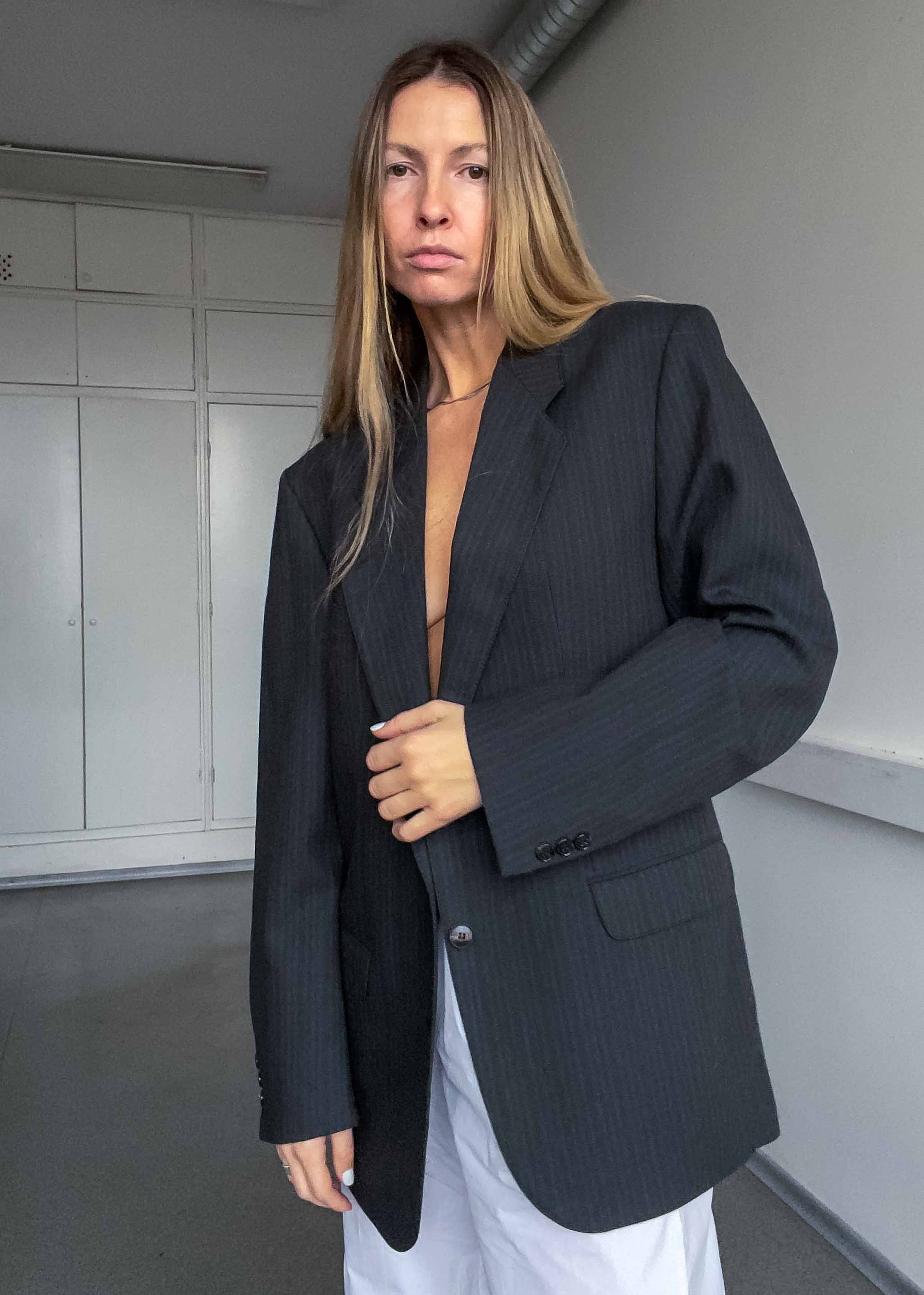 Vintage Blue with Brown Stripes Oversized 100% WOOL Blazer