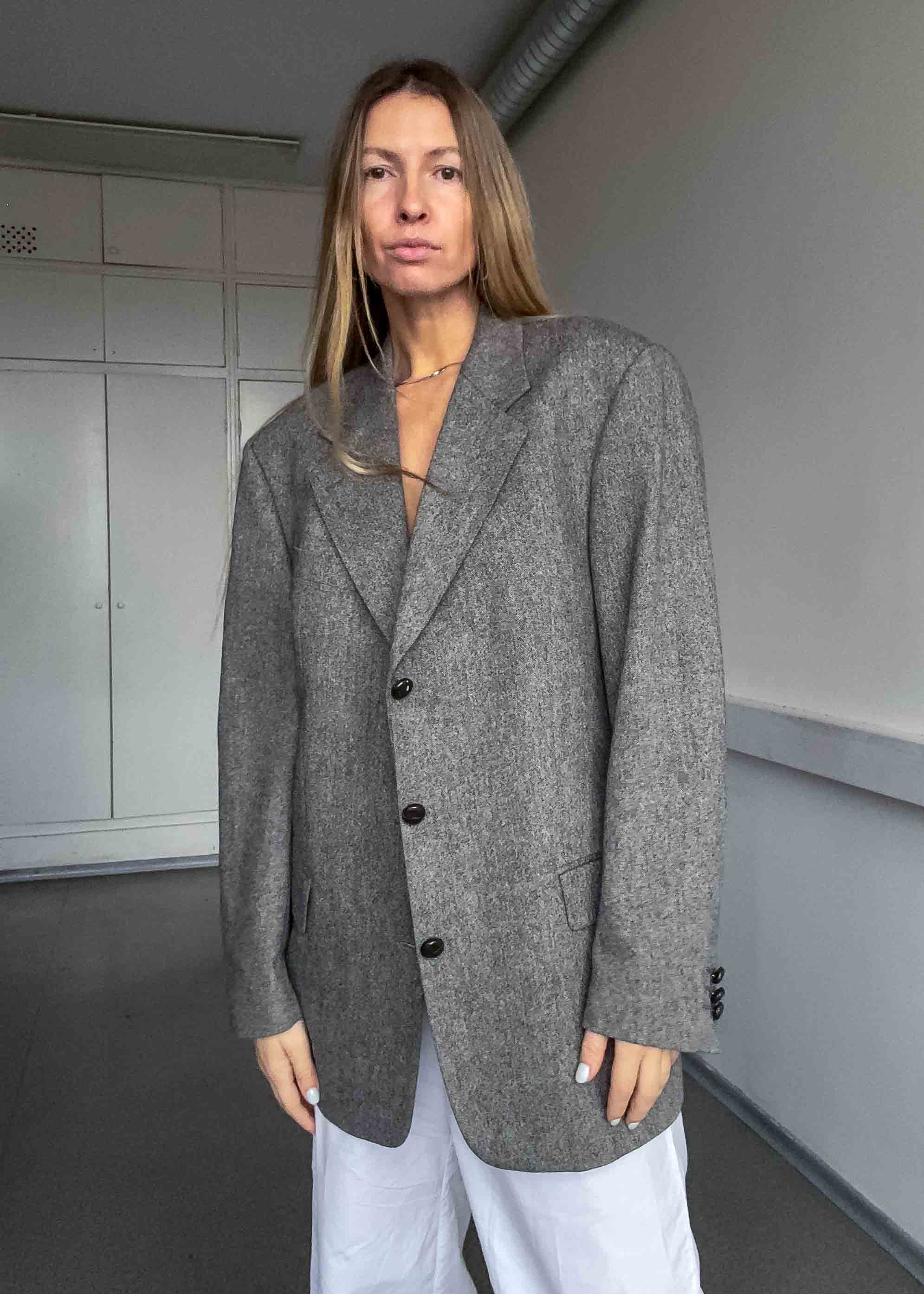 Vintage Grey Patterned Oversized 100% WOOL Blazer