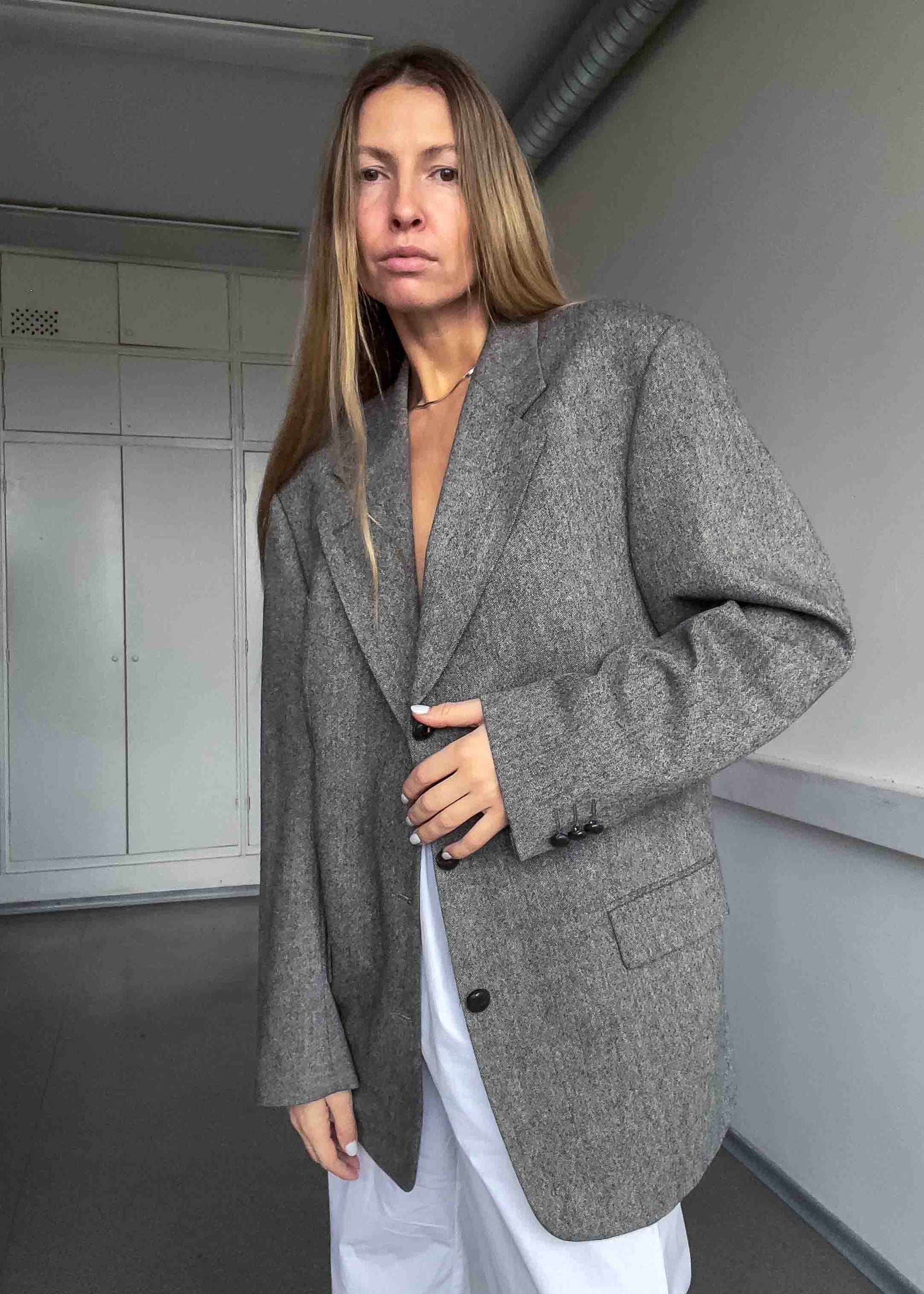 Vintage Grey Patterned Oversized 100% WOOL Blazer