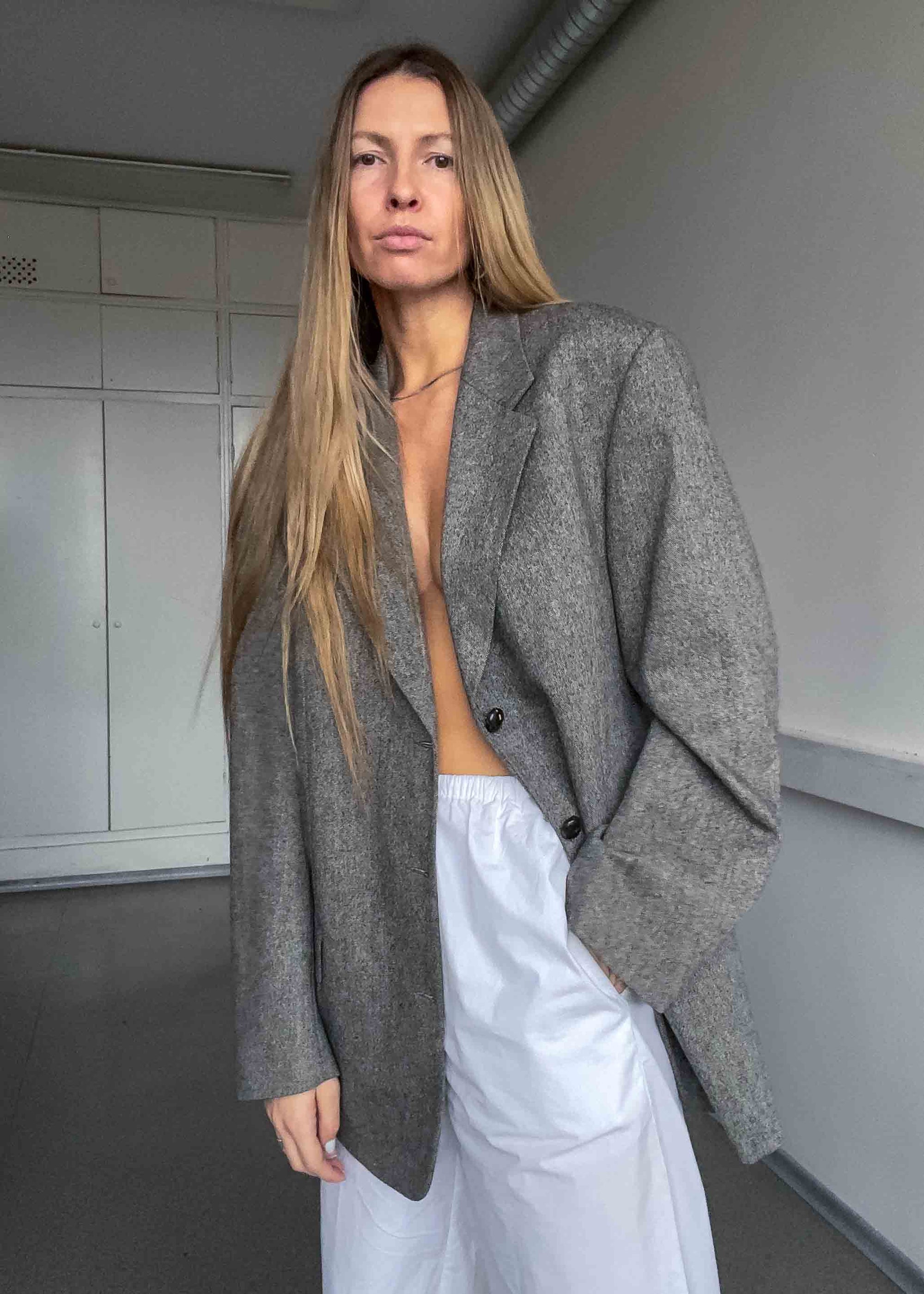 Vintage Grey Patterned Oversized 100% WOOL Blazer