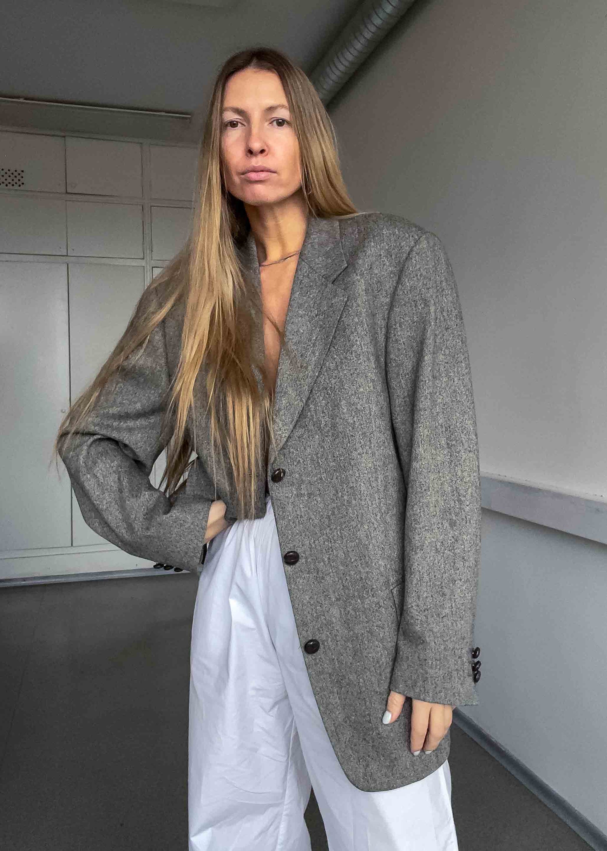 Vintage Grey Patterned Oversized 100% WOOL Blazer