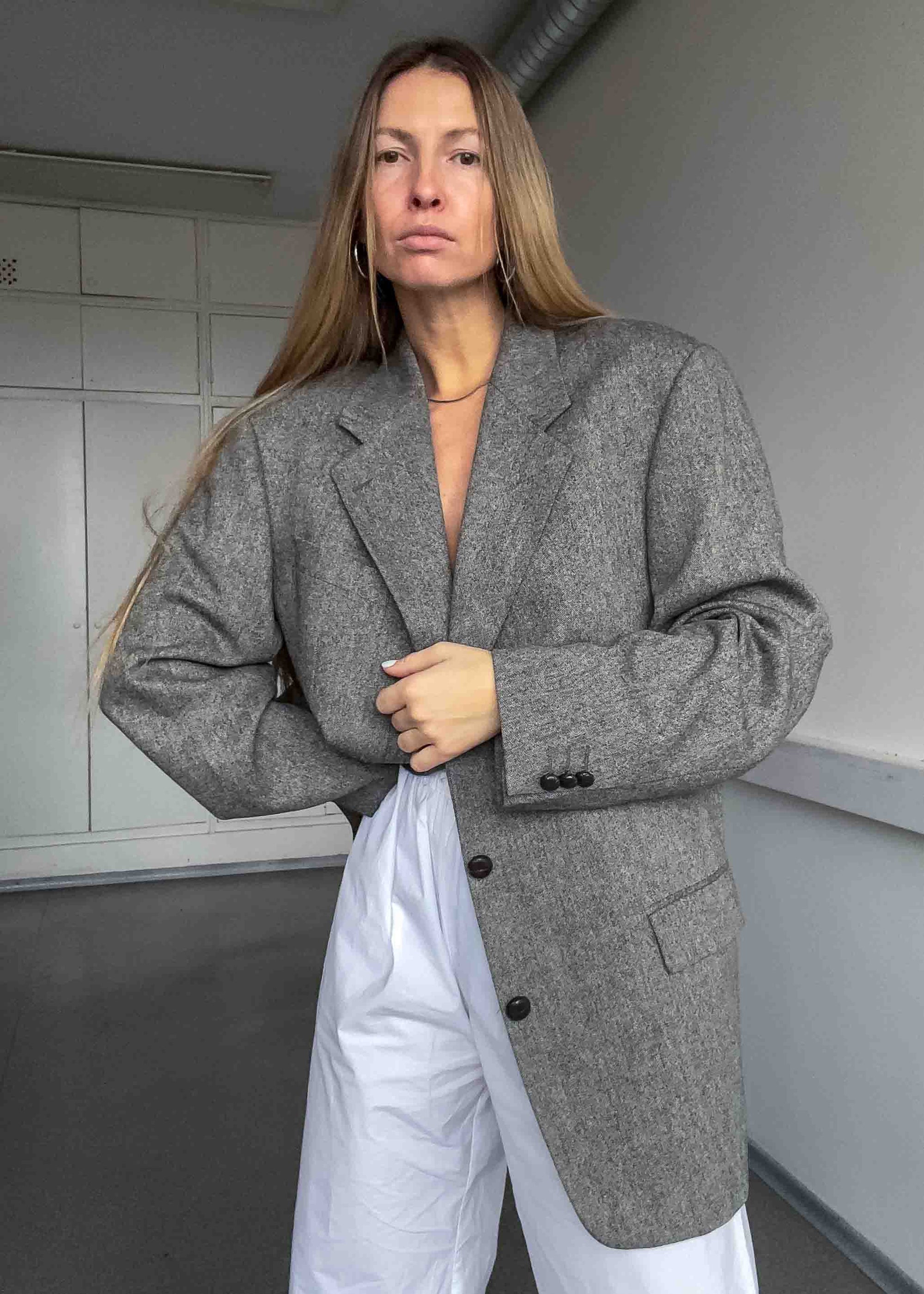 Vintage Grey Patterned Oversized 100% WOOL Blazer