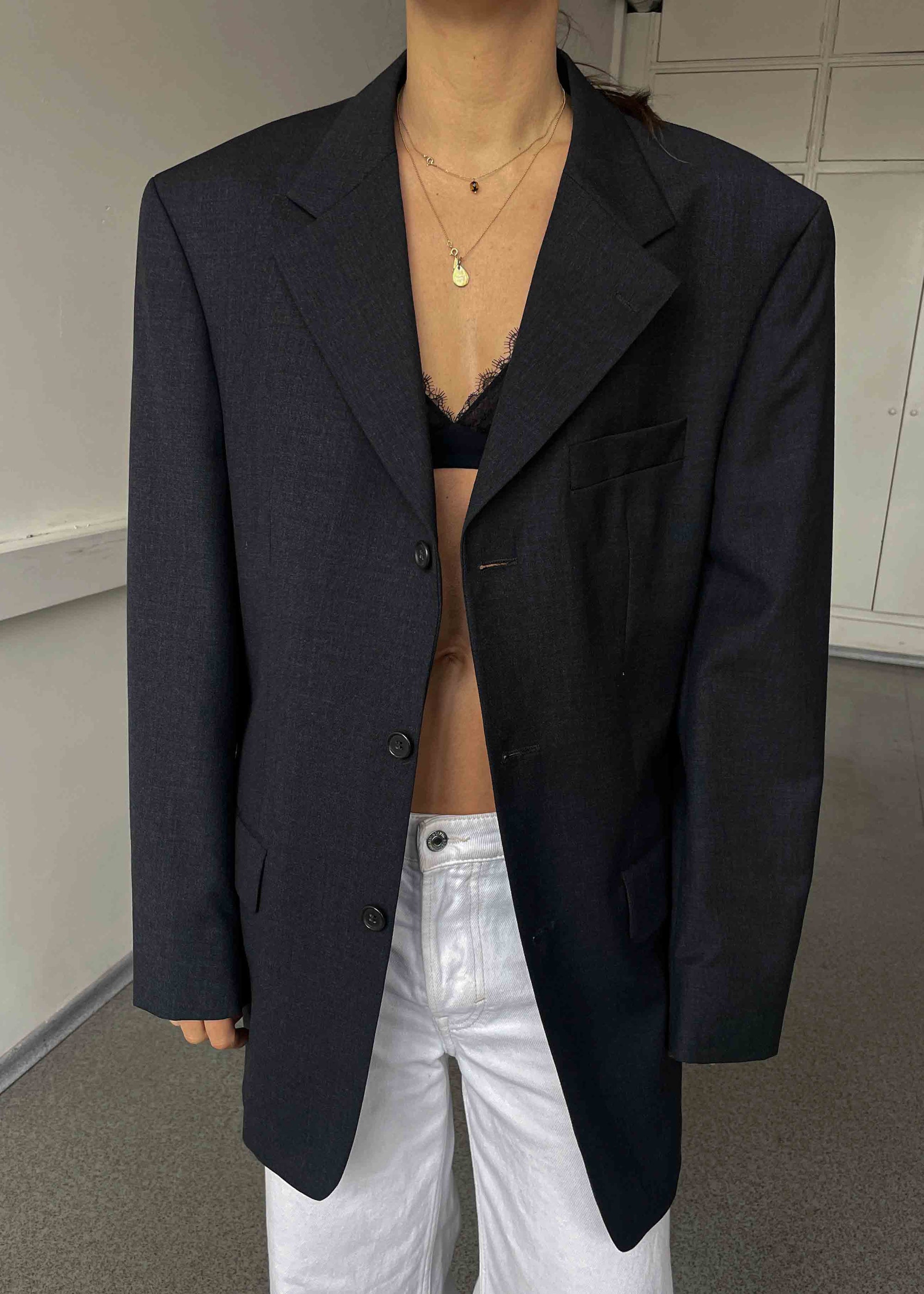 Vintage Dark Grey Oversized 100% WOOL Blazer