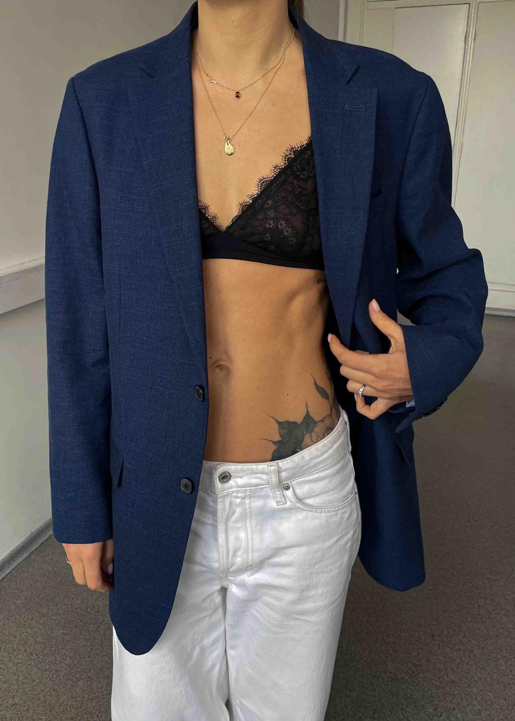 Vintage Blue Patterned Oversized Linen Blend Blazer