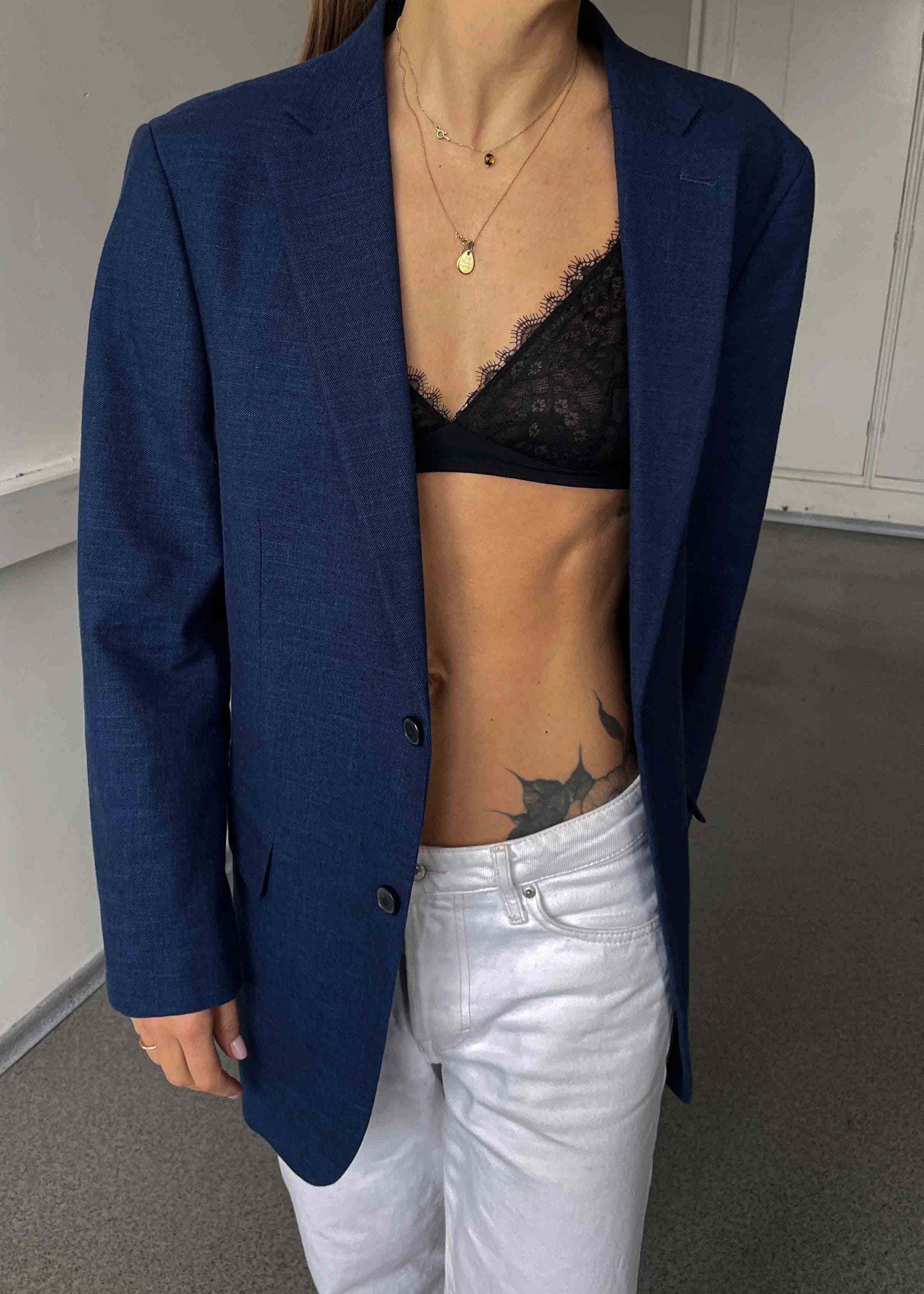 Vintage Blue Patterned Oversized Linen Blend Blazer