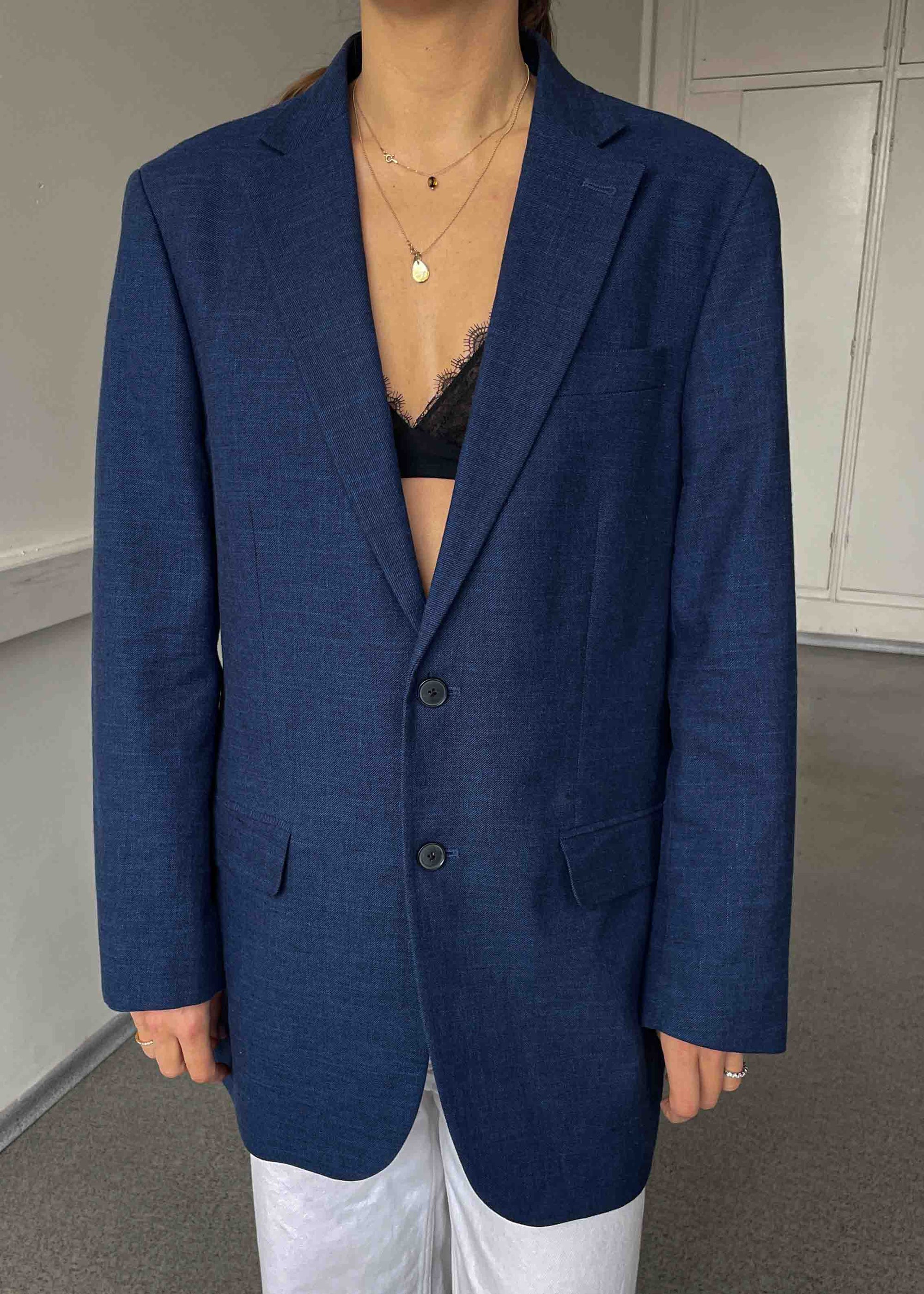 Vintage Blue Patterned Oversized Linen Blend Blazer
