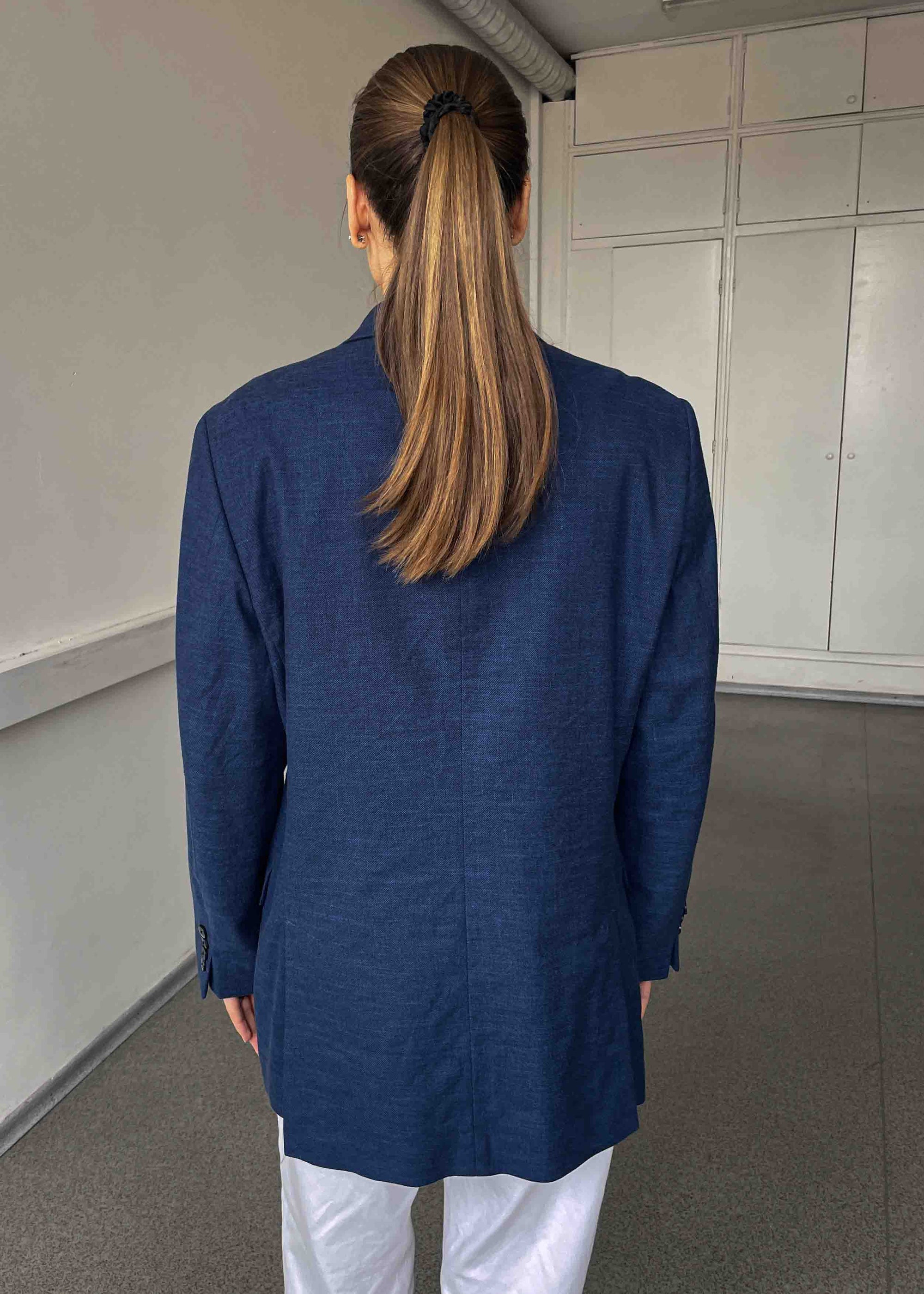 Vintage Blue Patterned Oversized Linen Blend Blazer