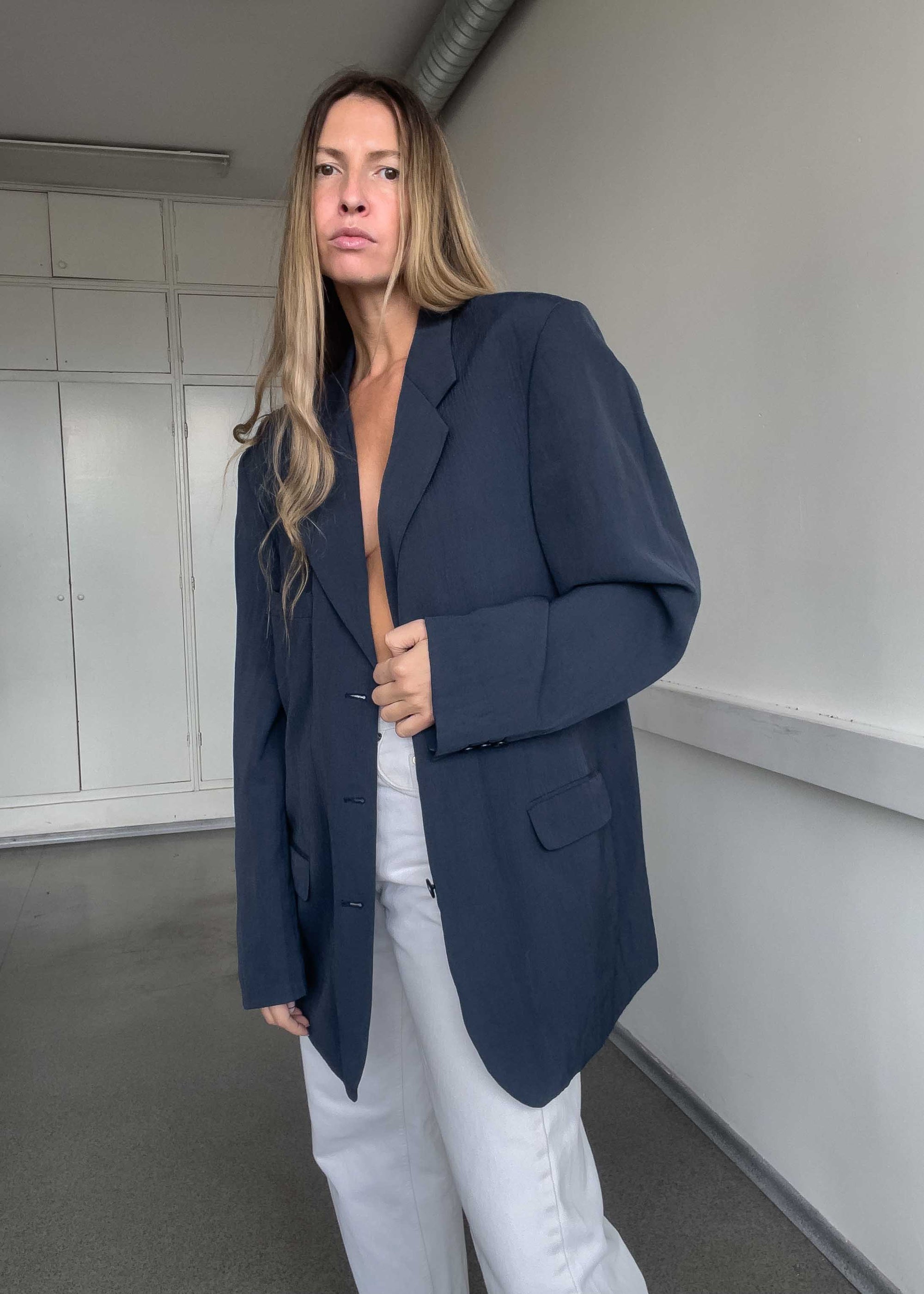 Vintage Blue Oversized Linen Blazer