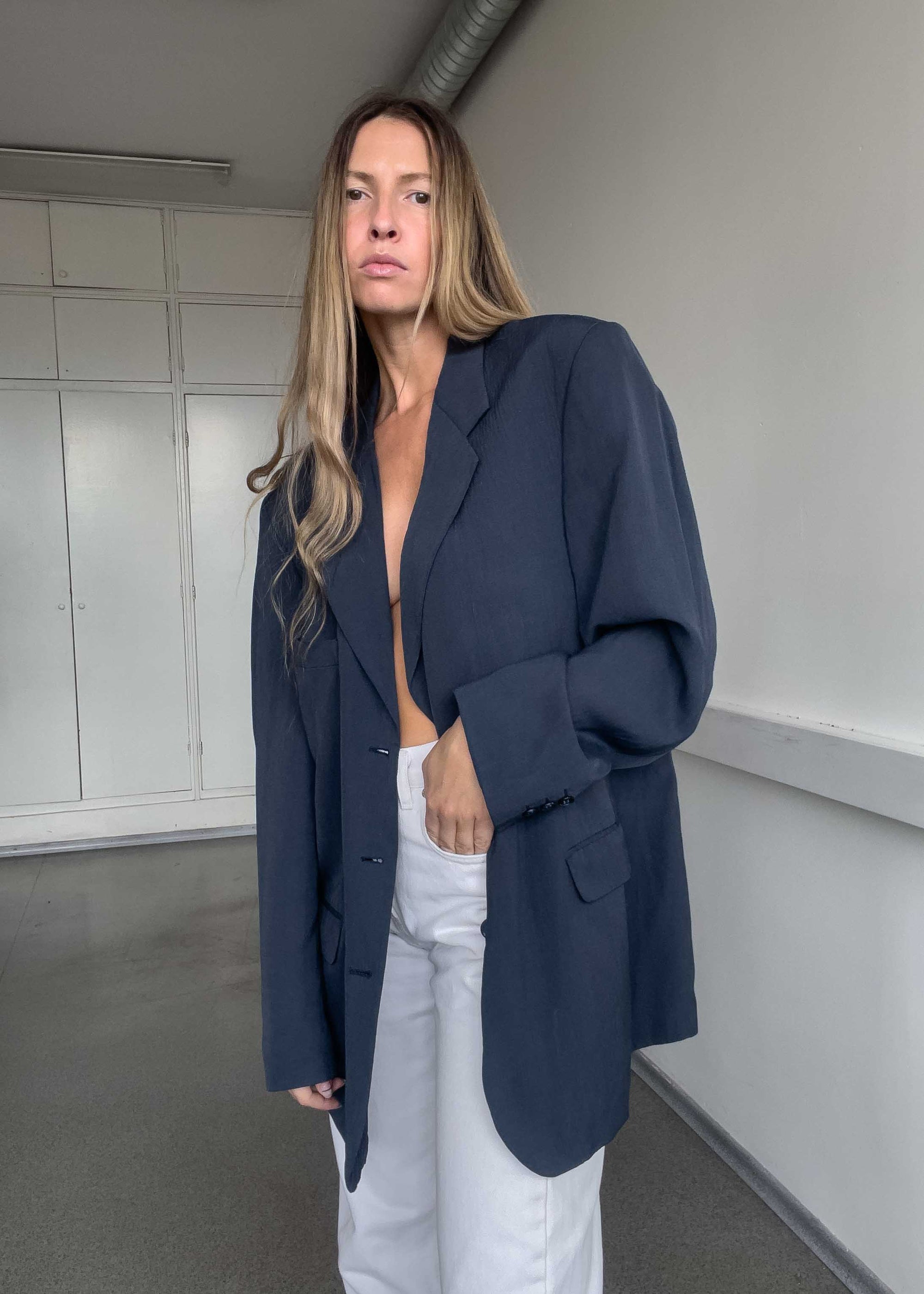 Vintage Blue Oversized Linen Blazer