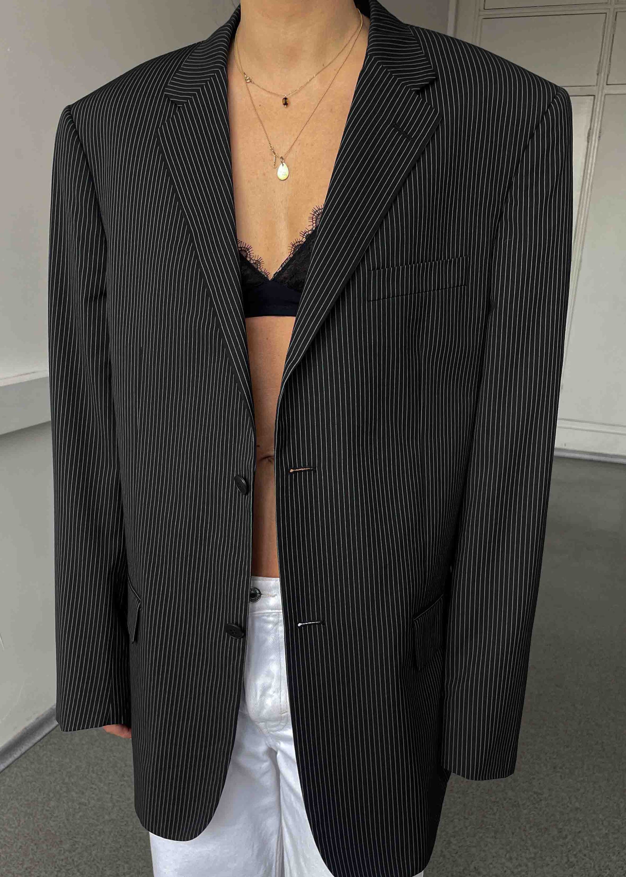 Vintage Black Striped Oversized Blazer