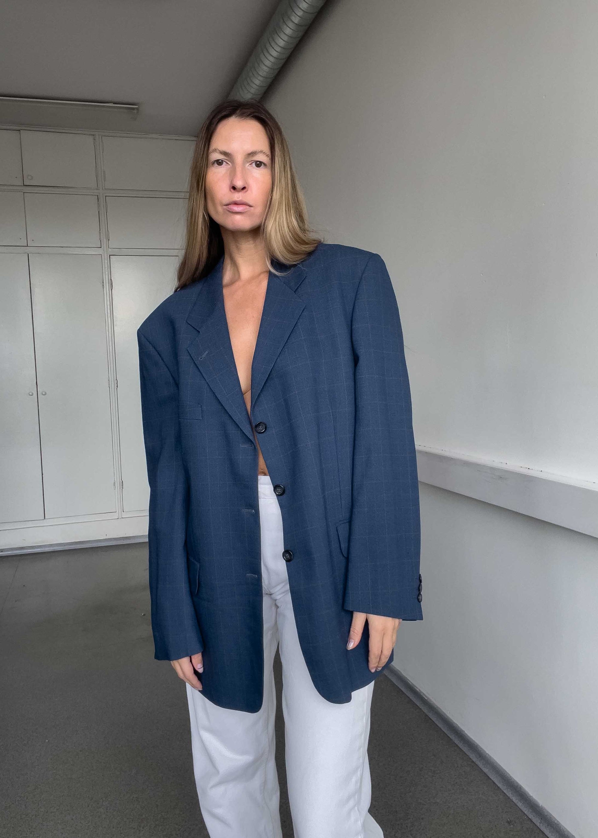Vintage Blue Checked Oversized Blazer