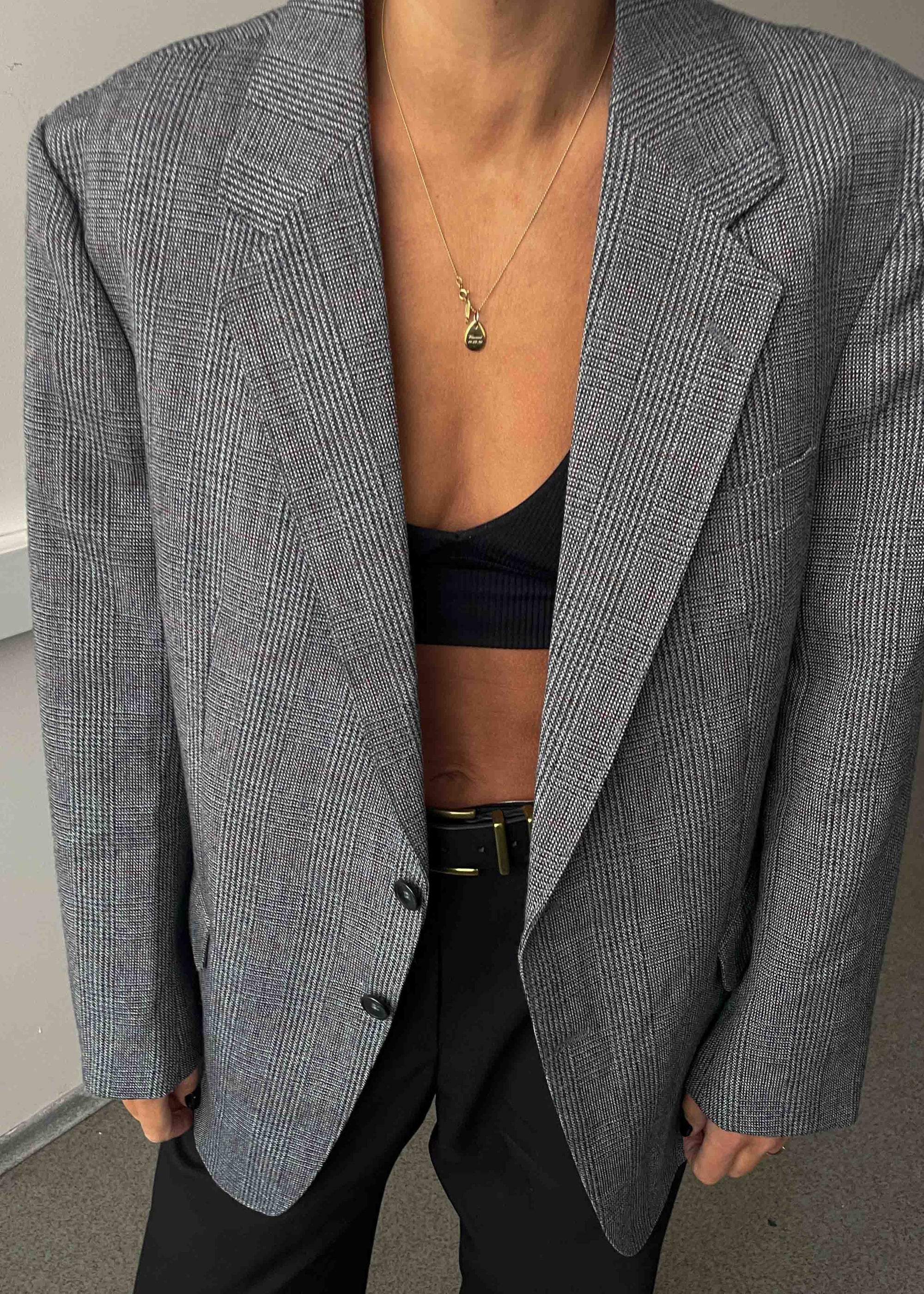 Vintage Grey Checked Oversized Blazer
