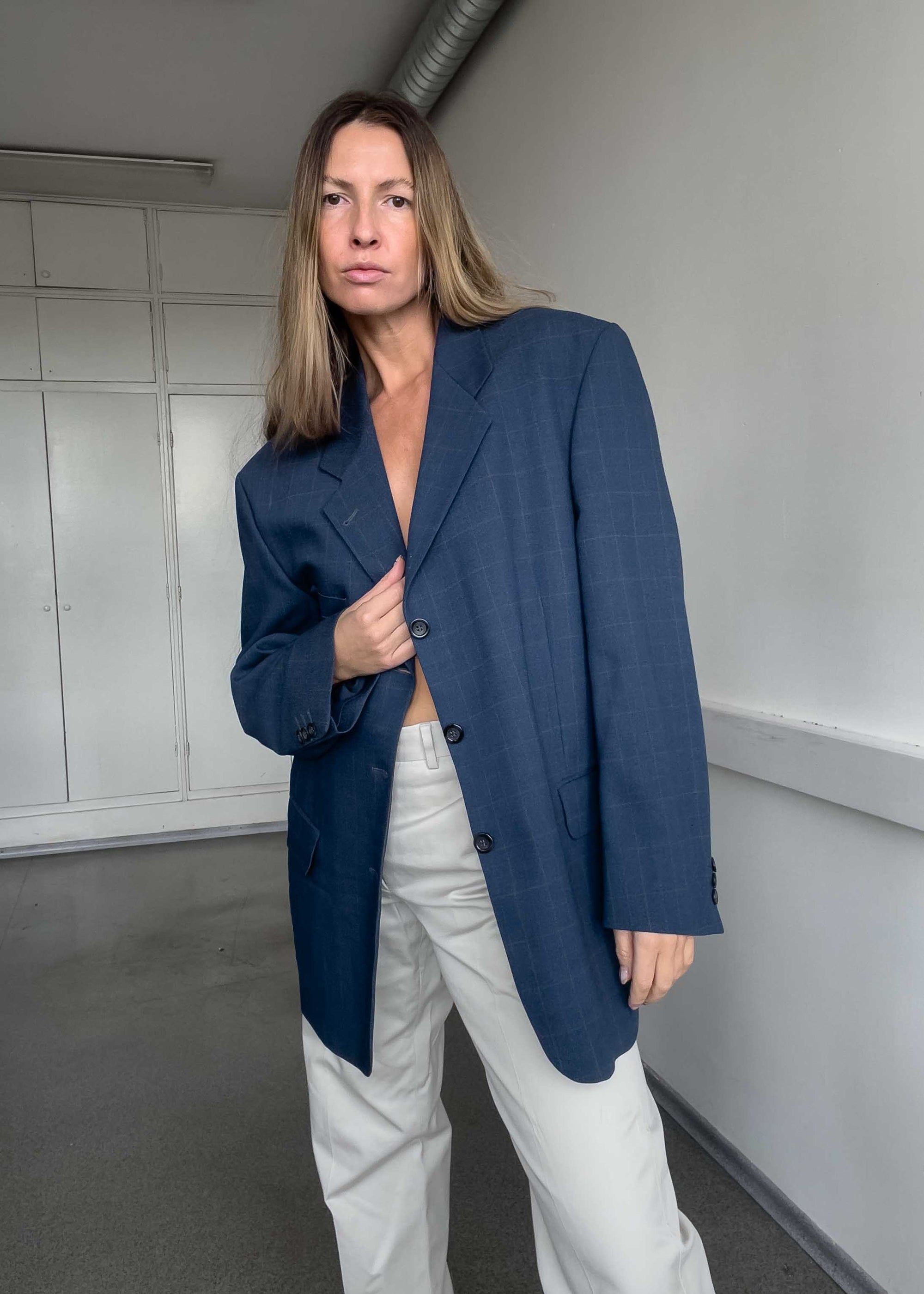 Vintage Blue Checked Oversized Blazer