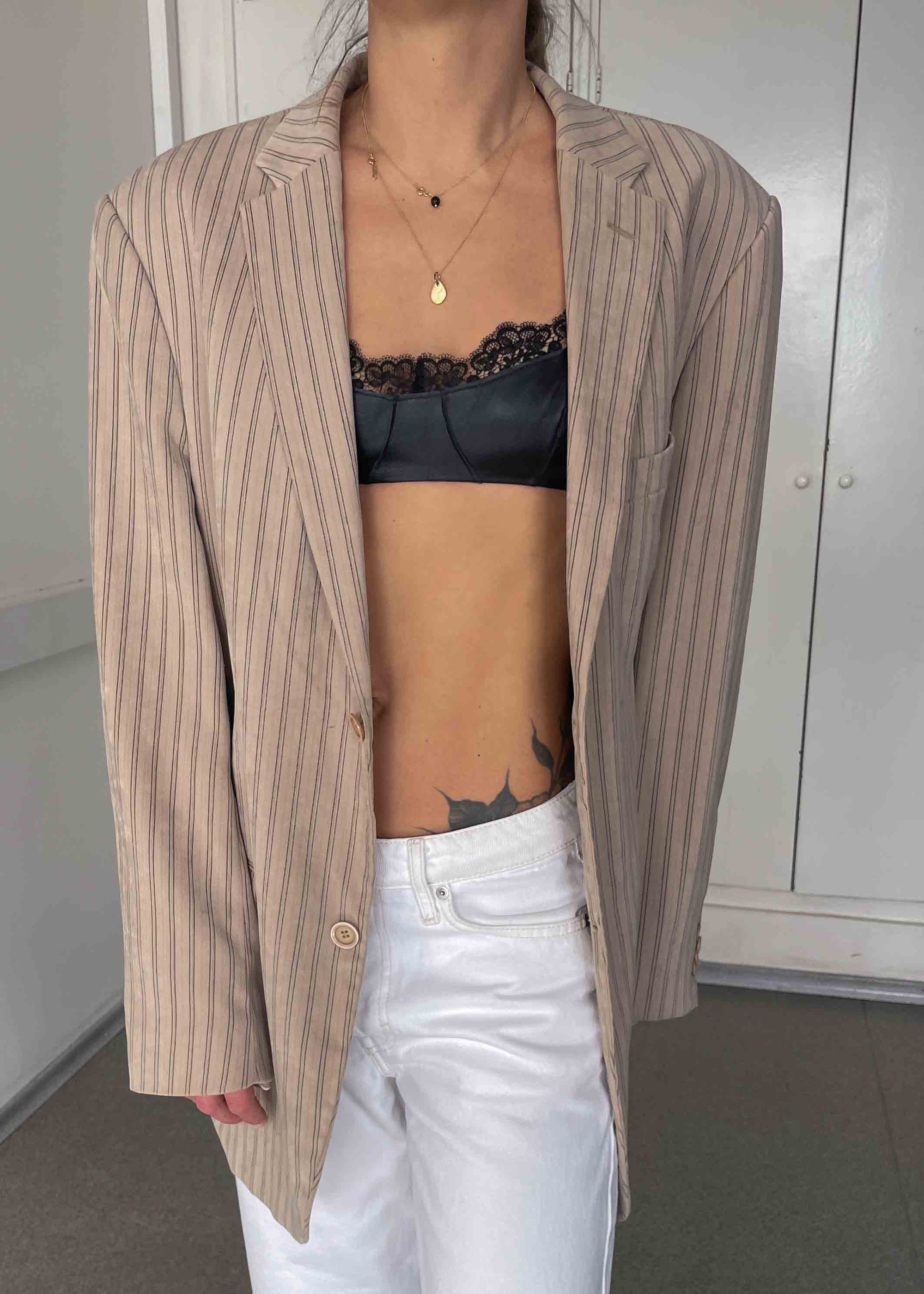 Vintage Beige Striped Oversized Blazer