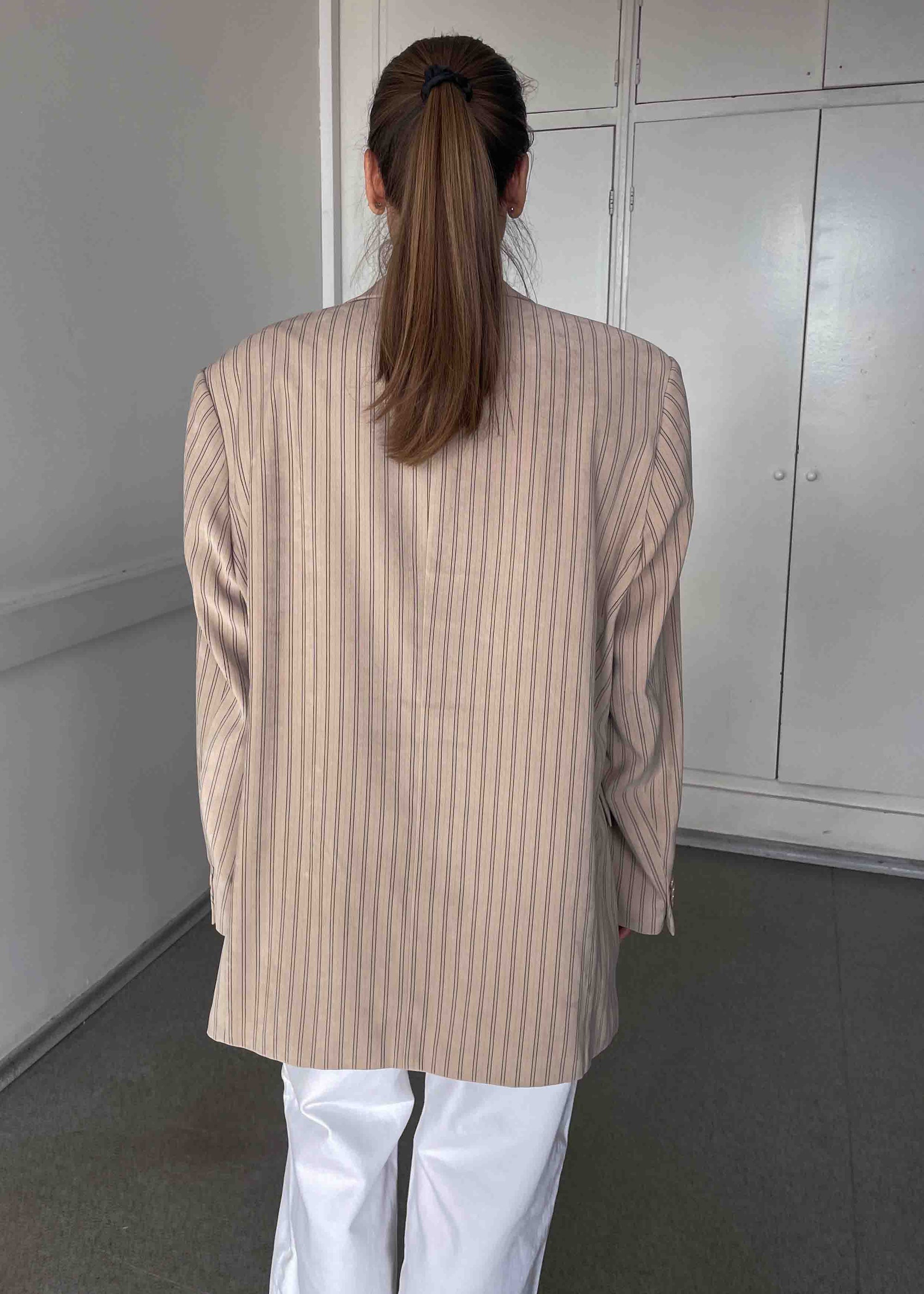 Vintage Beige Striped Oversized Blazer
