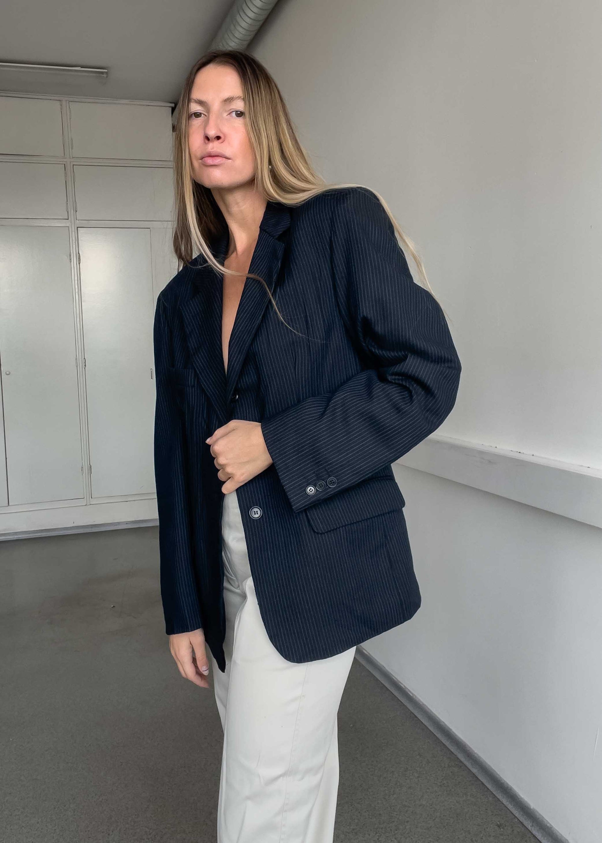 Vintage Navy Blue Stripy Oversized Blazer