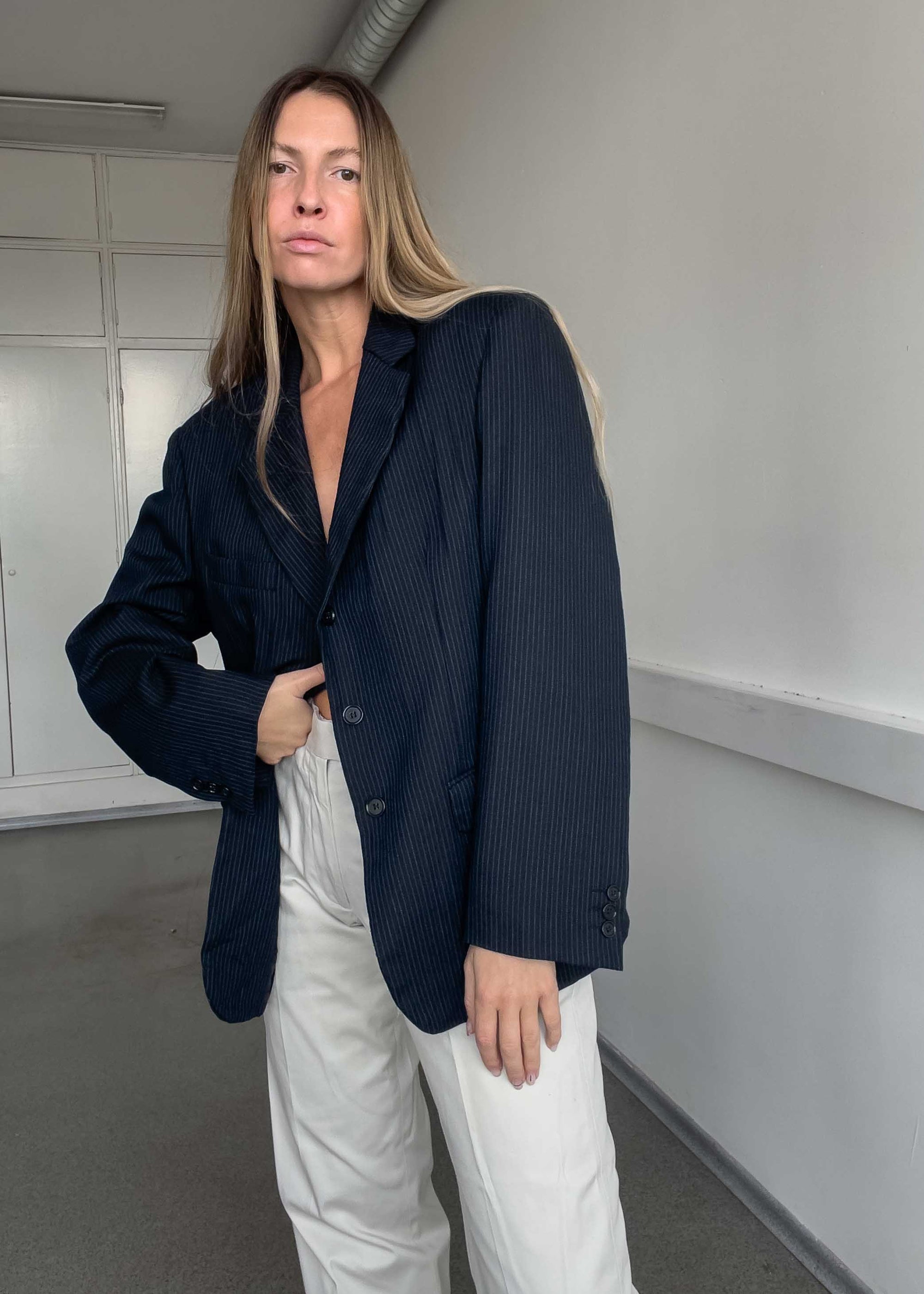 Vintage Navy Blue Stripy Oversized Blazer