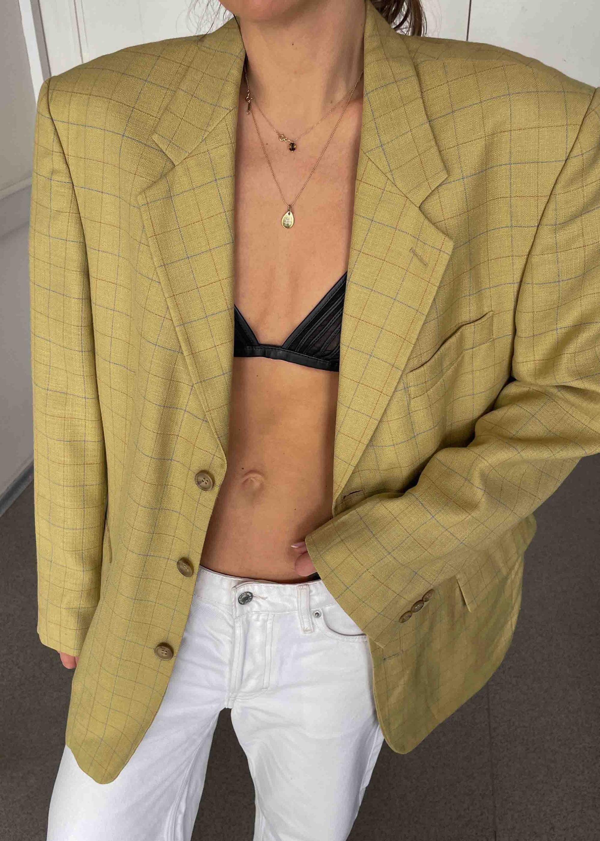 Vintage Yellow Checked Oversized Blazer