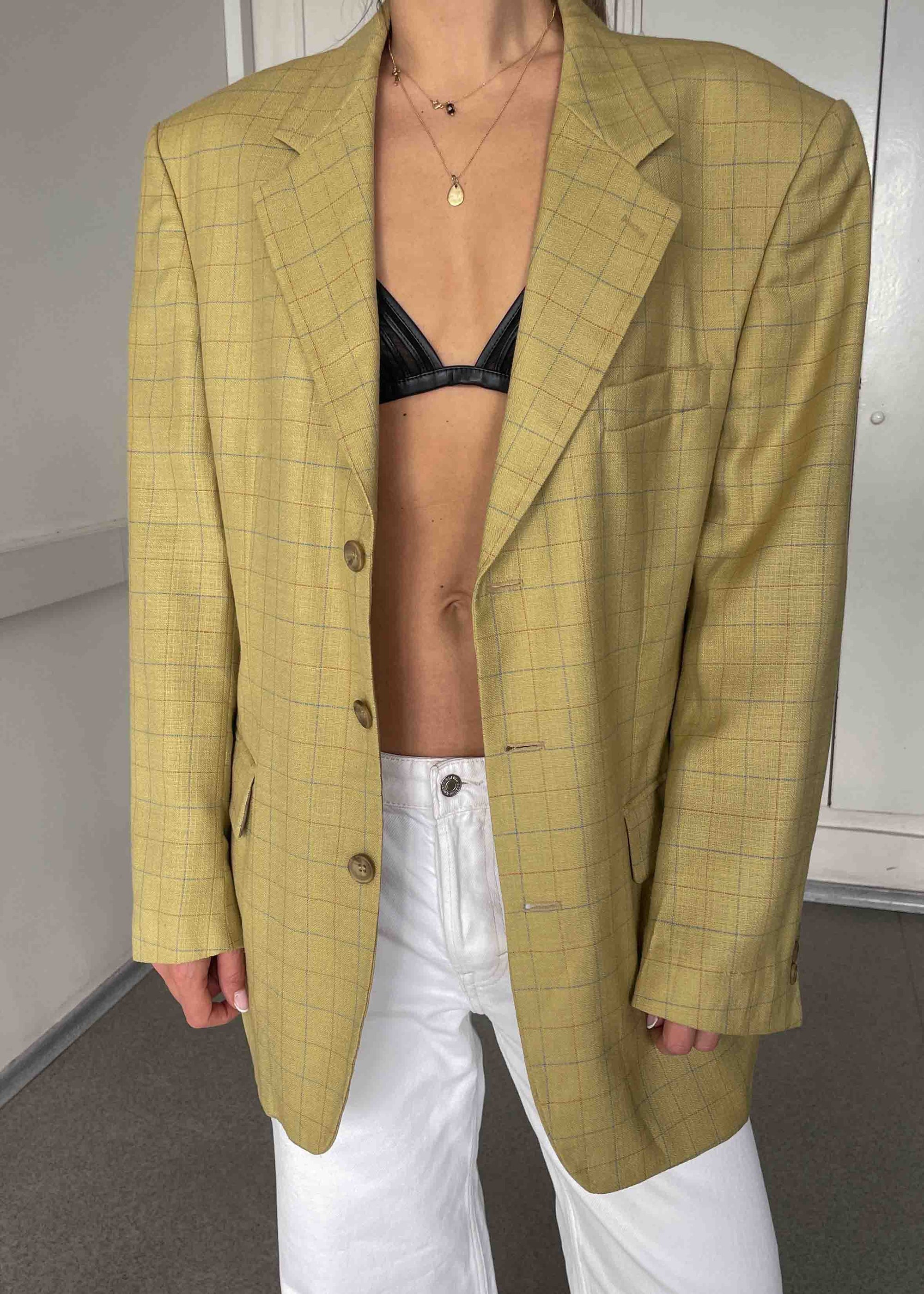 Vintage Yellow Checked Oversized Blazer