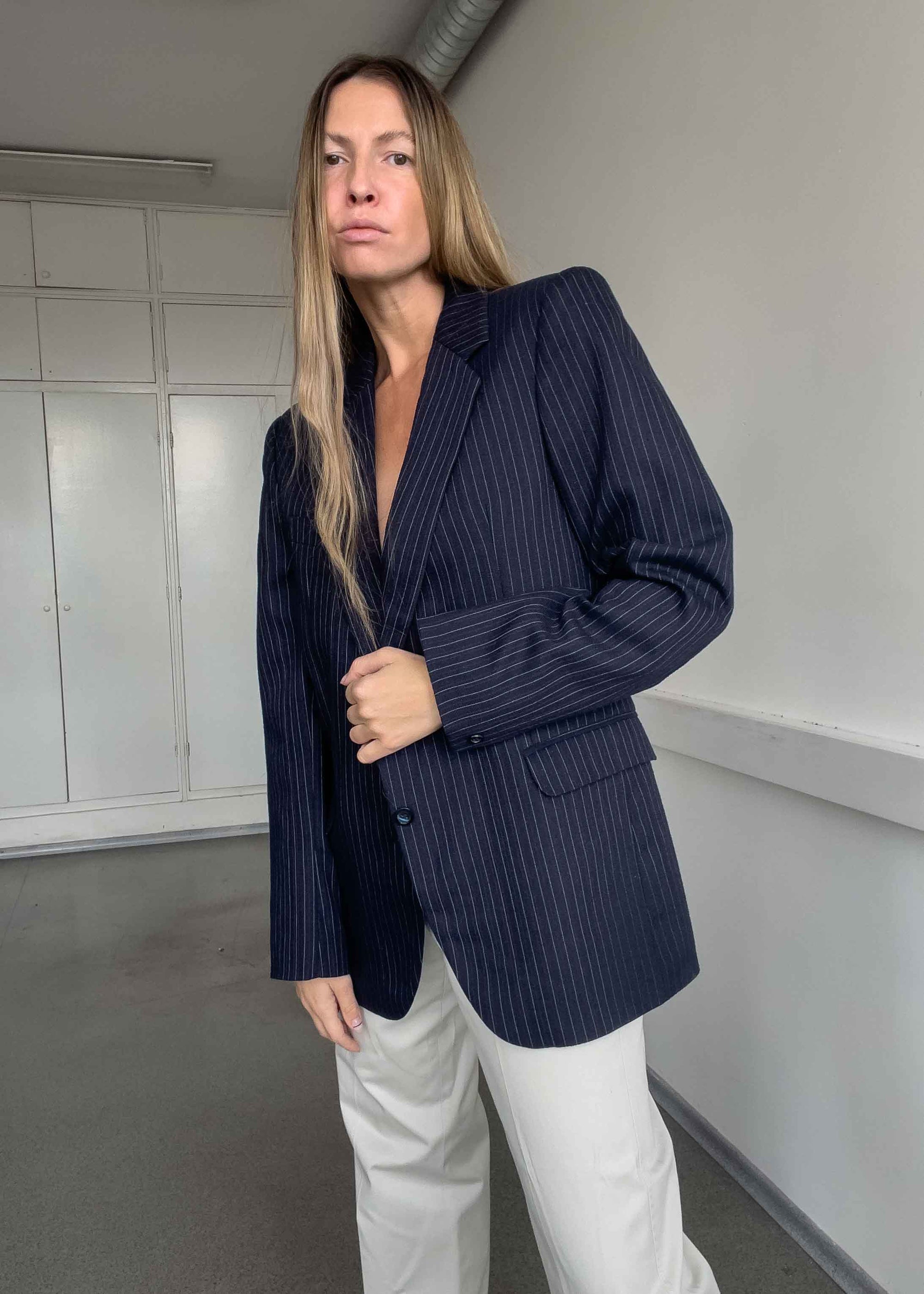 Vintage Navy Blue Stripy Oversized Blazer