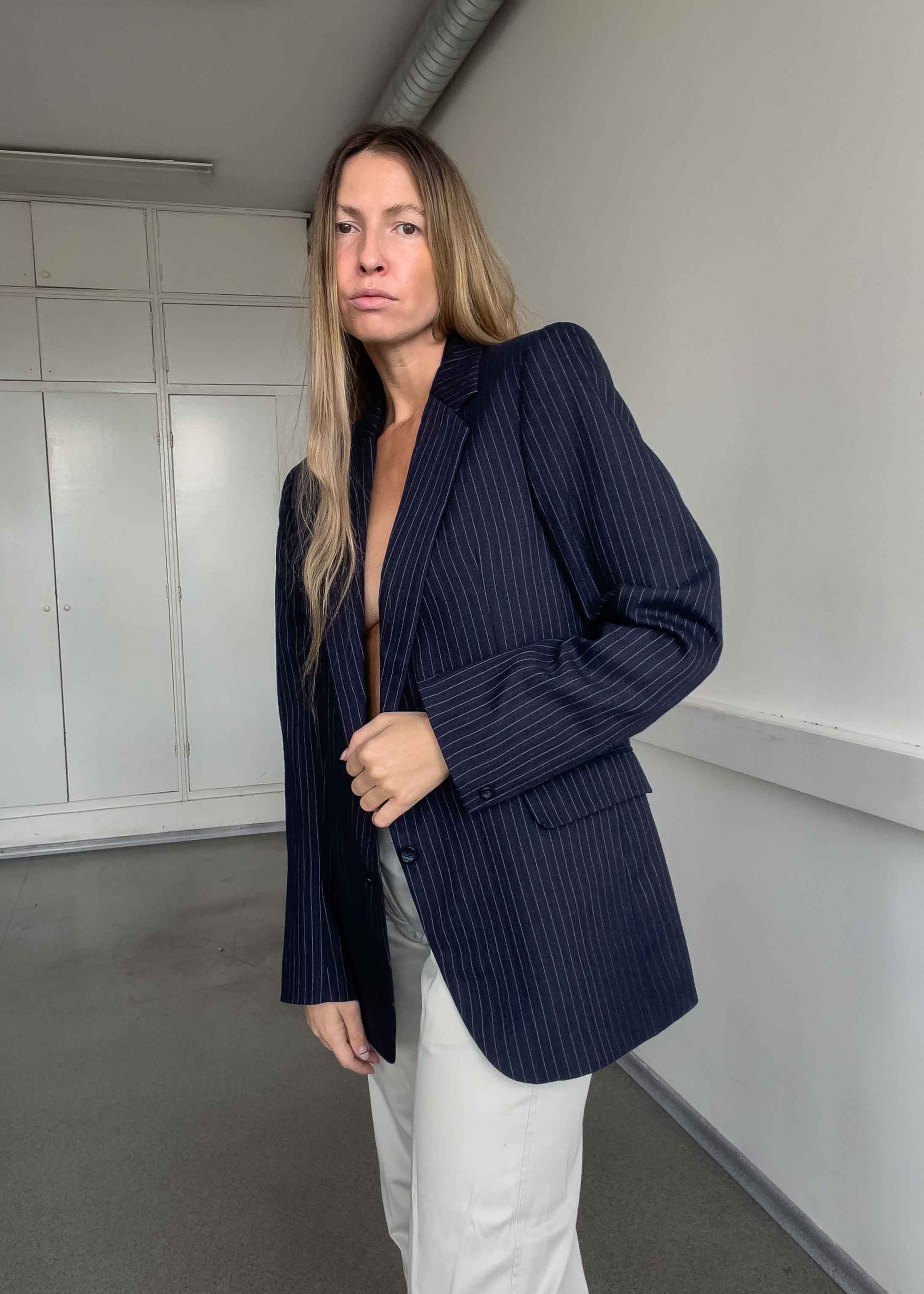Vintage Navy Blue Stripy Oversized Blazer