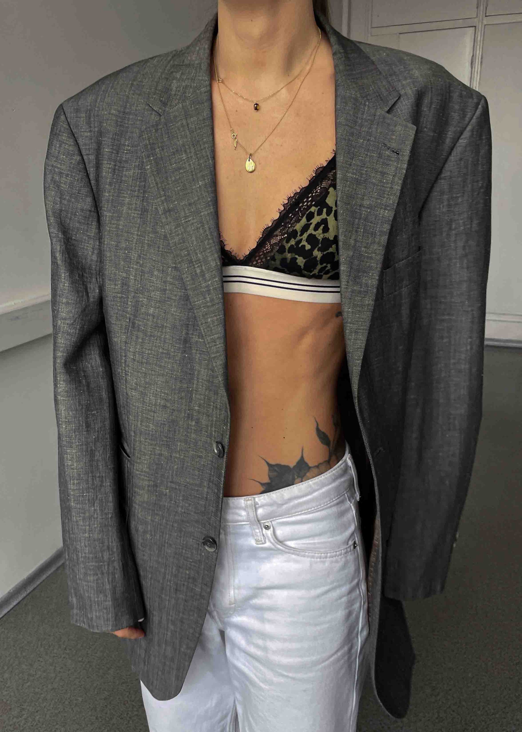 Vintage Grey Patterned Oversized Linen Blend Blazer