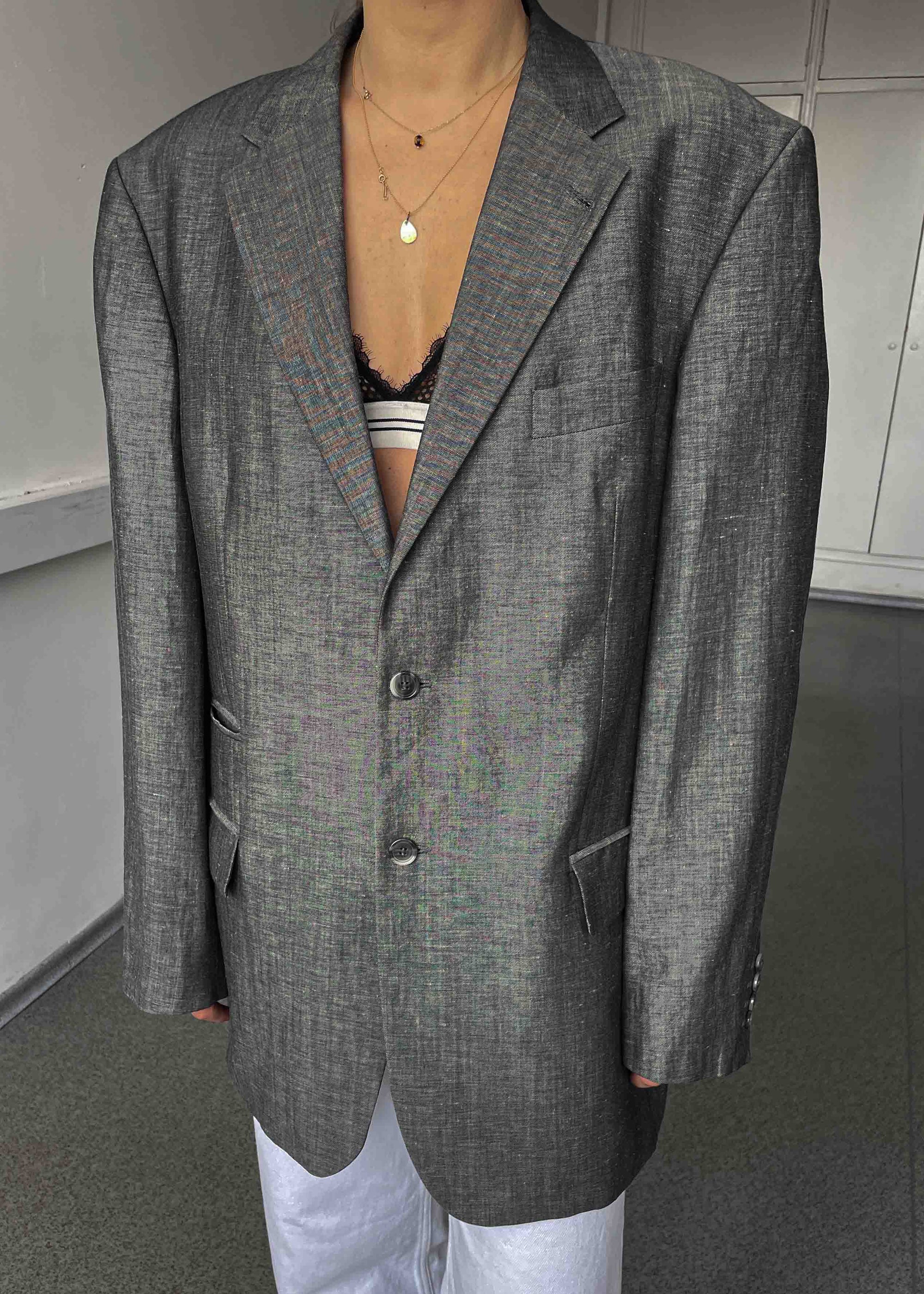 Vintage Grey Patterned Oversized Linen Blend Blazer