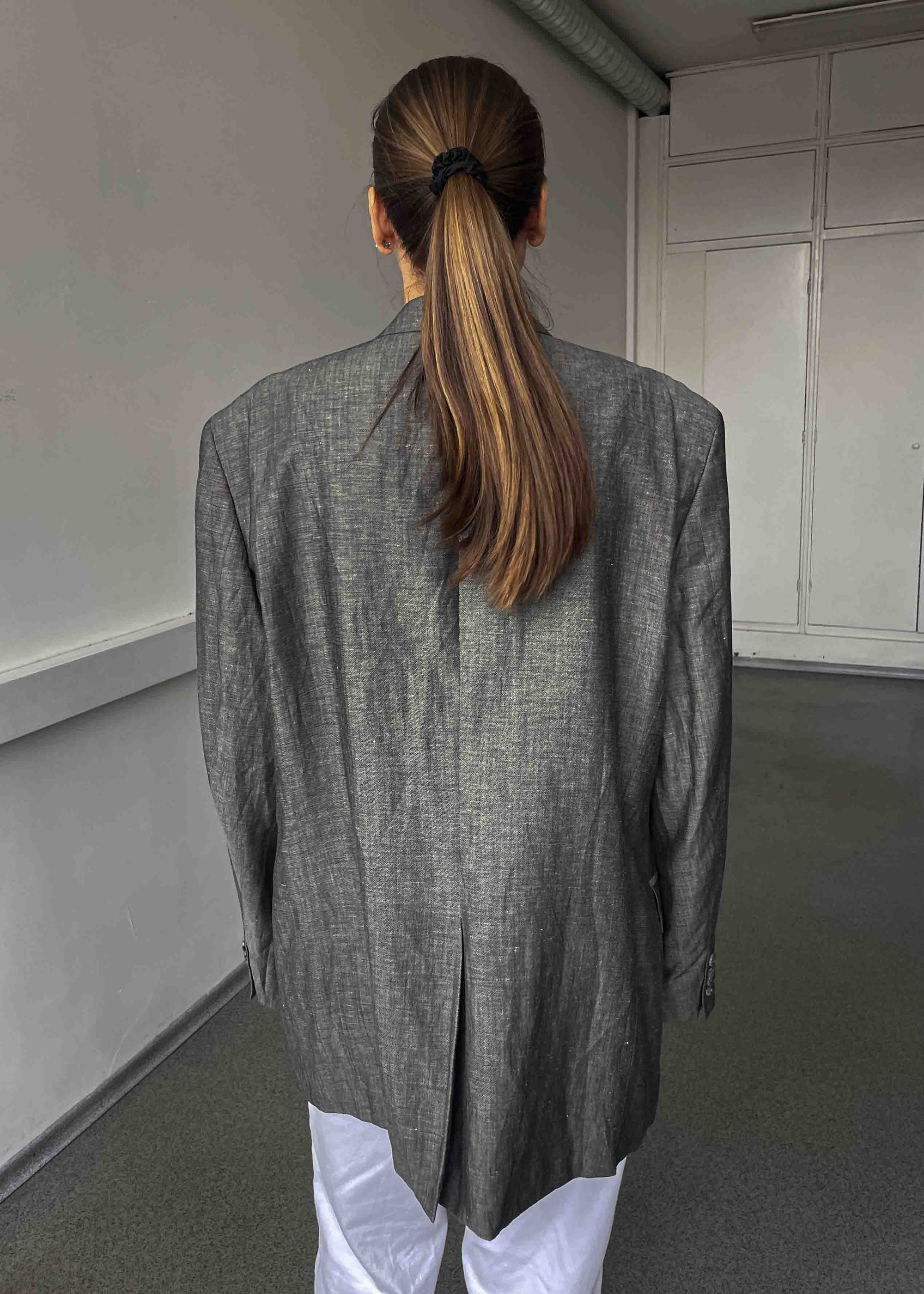 Vintage Grey Patterned Oversized Linen Blend Blazer