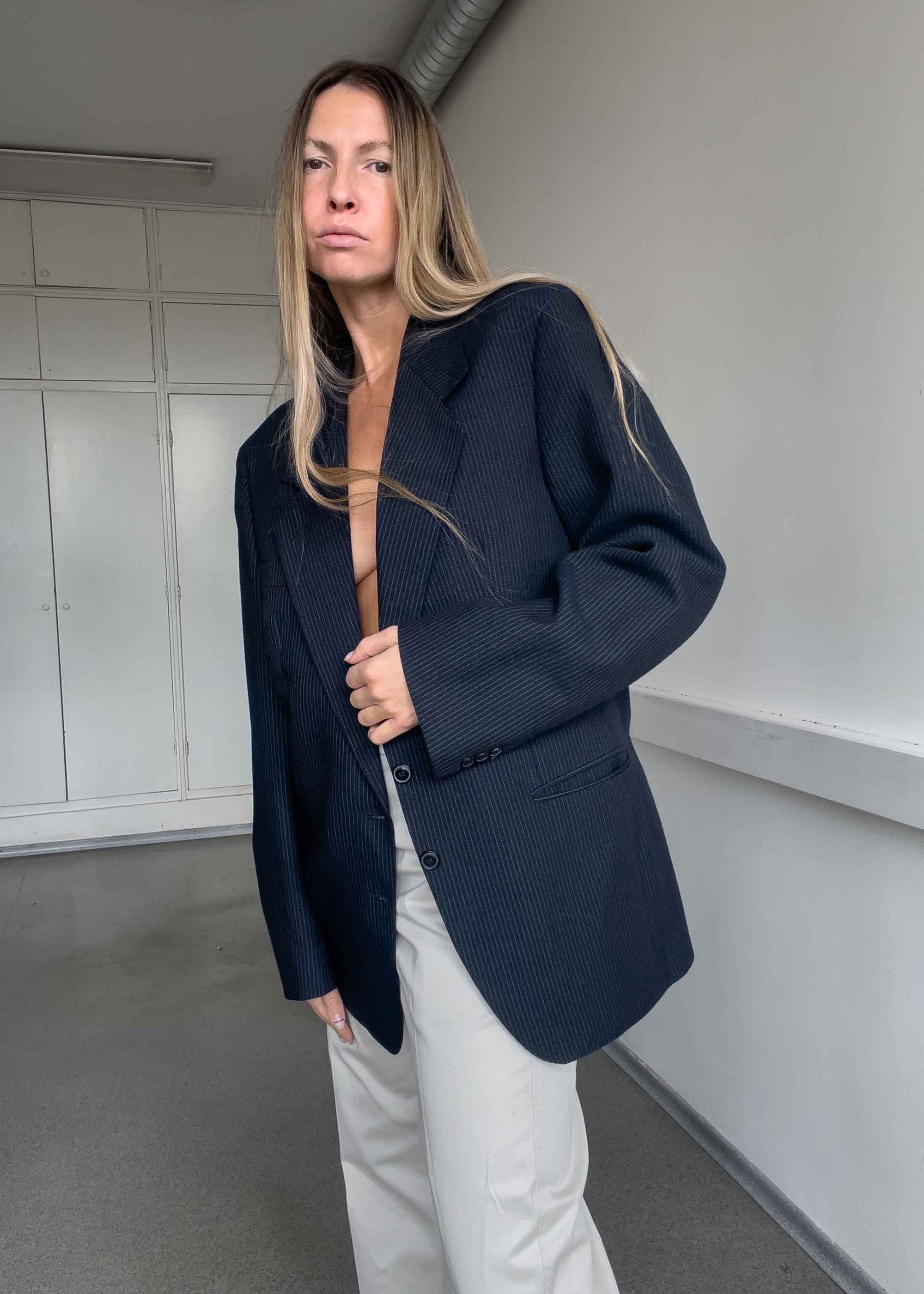 Vintage Navy Blue Stripy Oversized Blazer