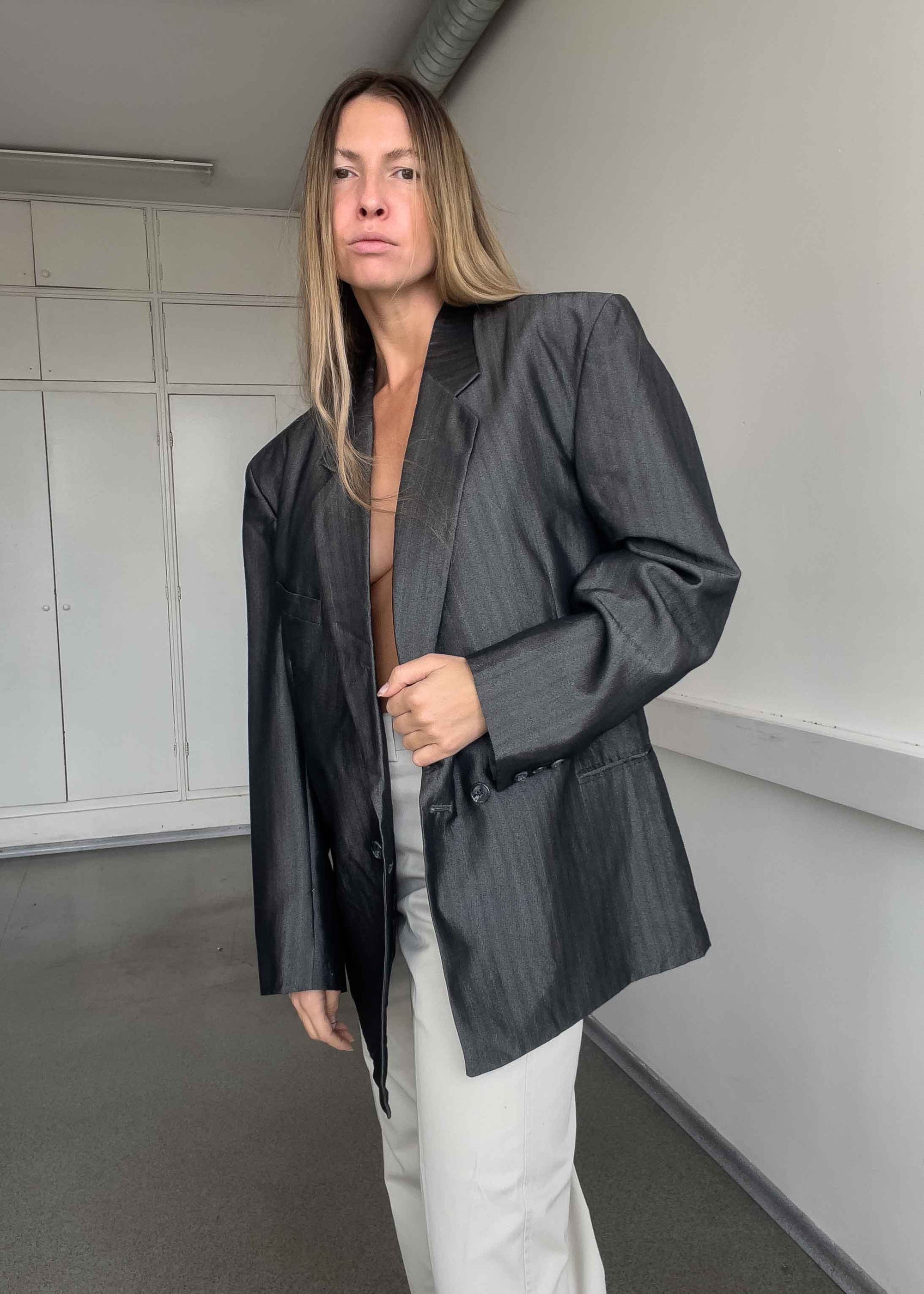 Vintage Silver Grey Oversized Double Breasted Blazer